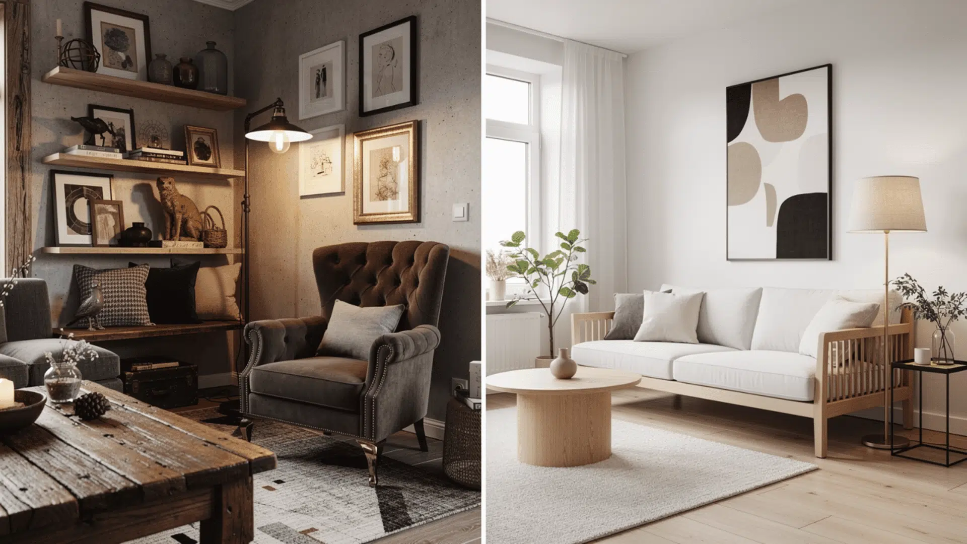 two contrasting living room styles side by side showing a dark moody eclectic room with a velvet wingback chair and mixed art on the left and a clean minimal scandi room with a wooden sofa frame a