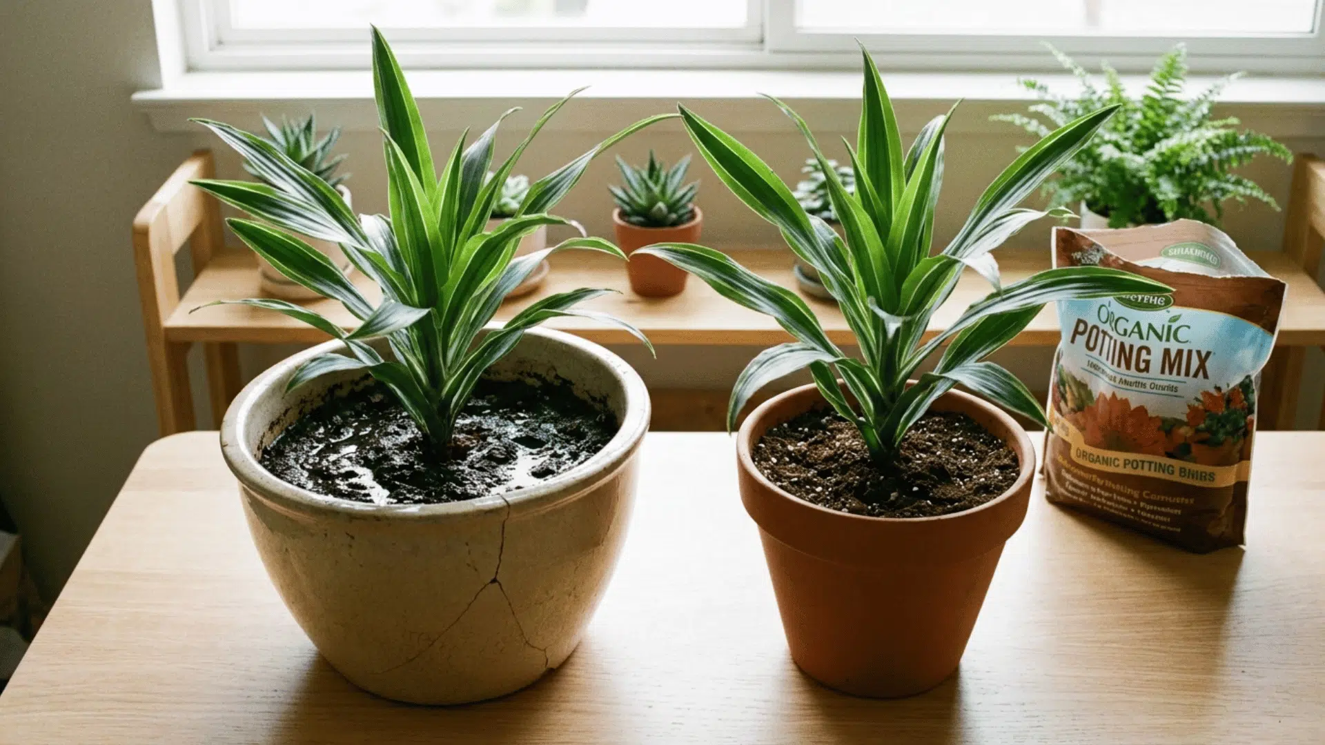 two corn plants in different sized pots showing the right pot size for healthy dracaena root growth