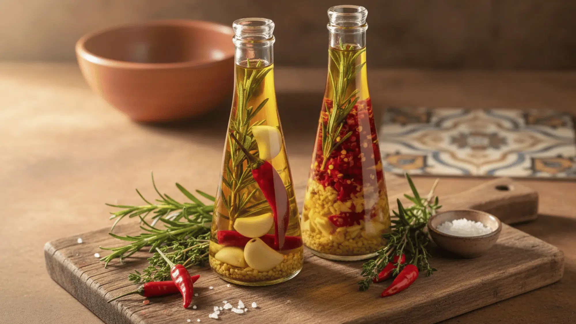 two glass bottles of infused olive oil with herbs and chilies on a cutting board