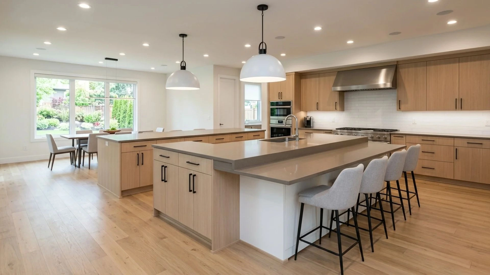 two-height kitchen island with raised bar seating section and four gray upholstered stools on one side