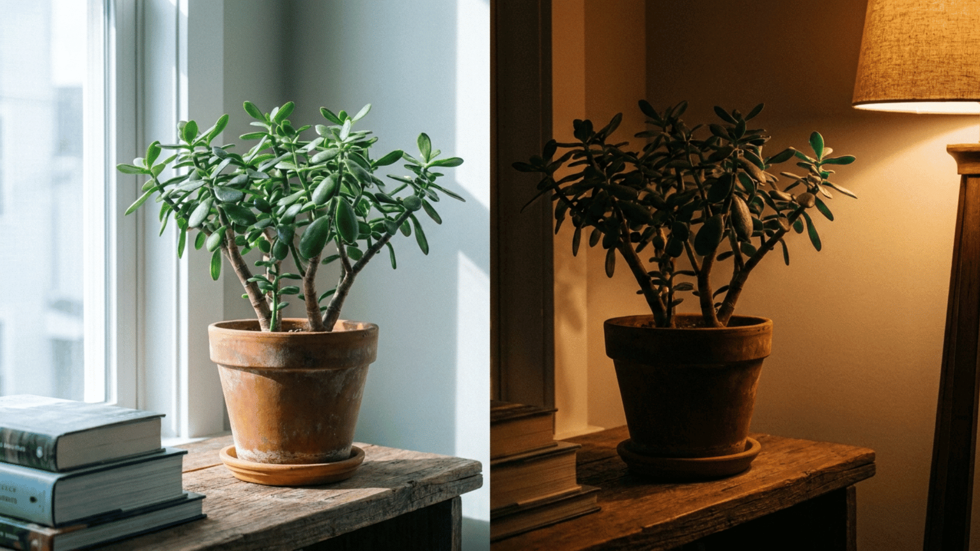 two jade plants side by side one in bright daylight and one in warm dim evening lamplight on a shelf