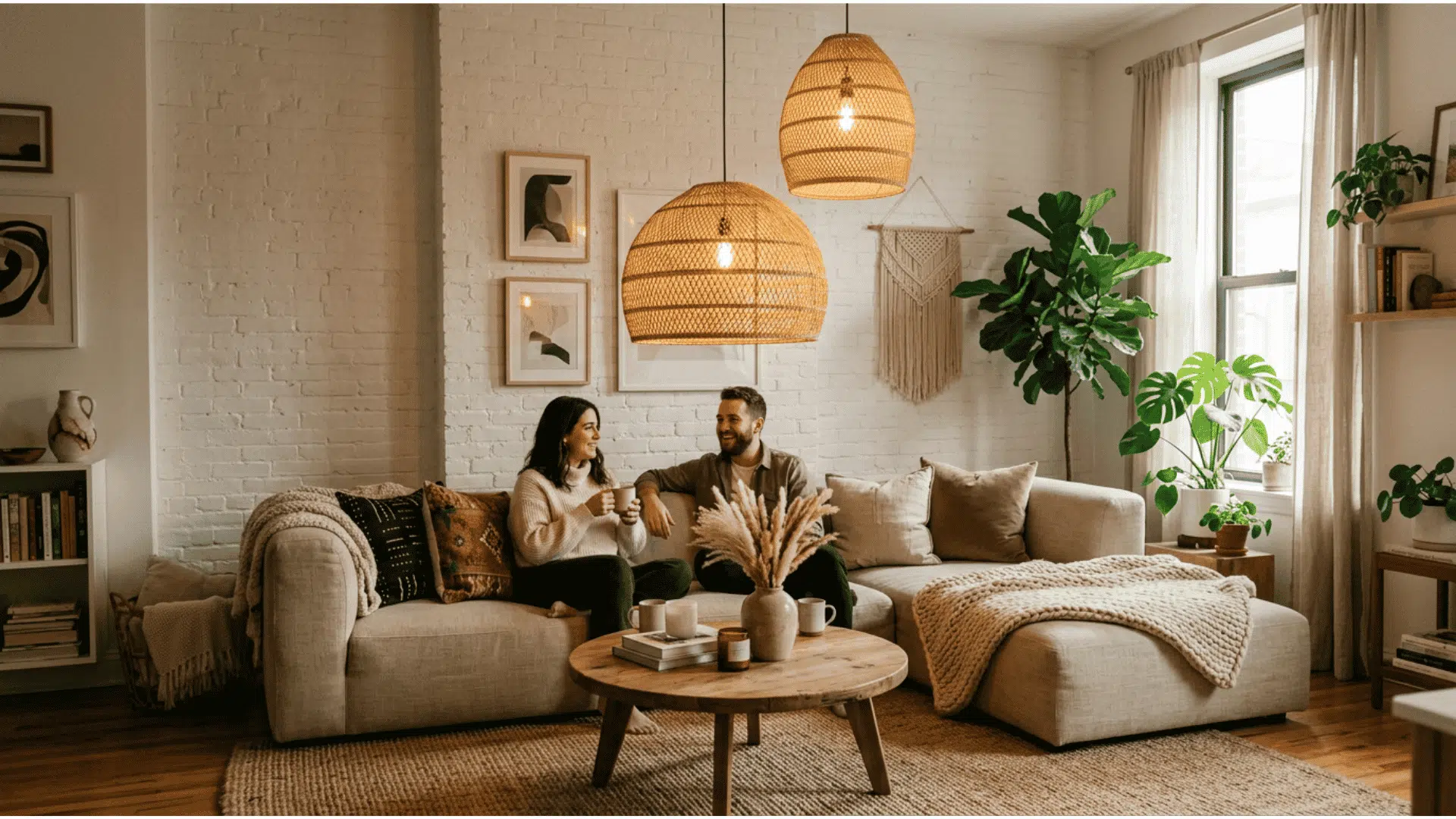 two people on a cream sectional sofa under large wicker rattan pendant lights in a warm boho living room with framed art a macrame wall hanging and large tropical houseplants Tip 33 — Choose Minim