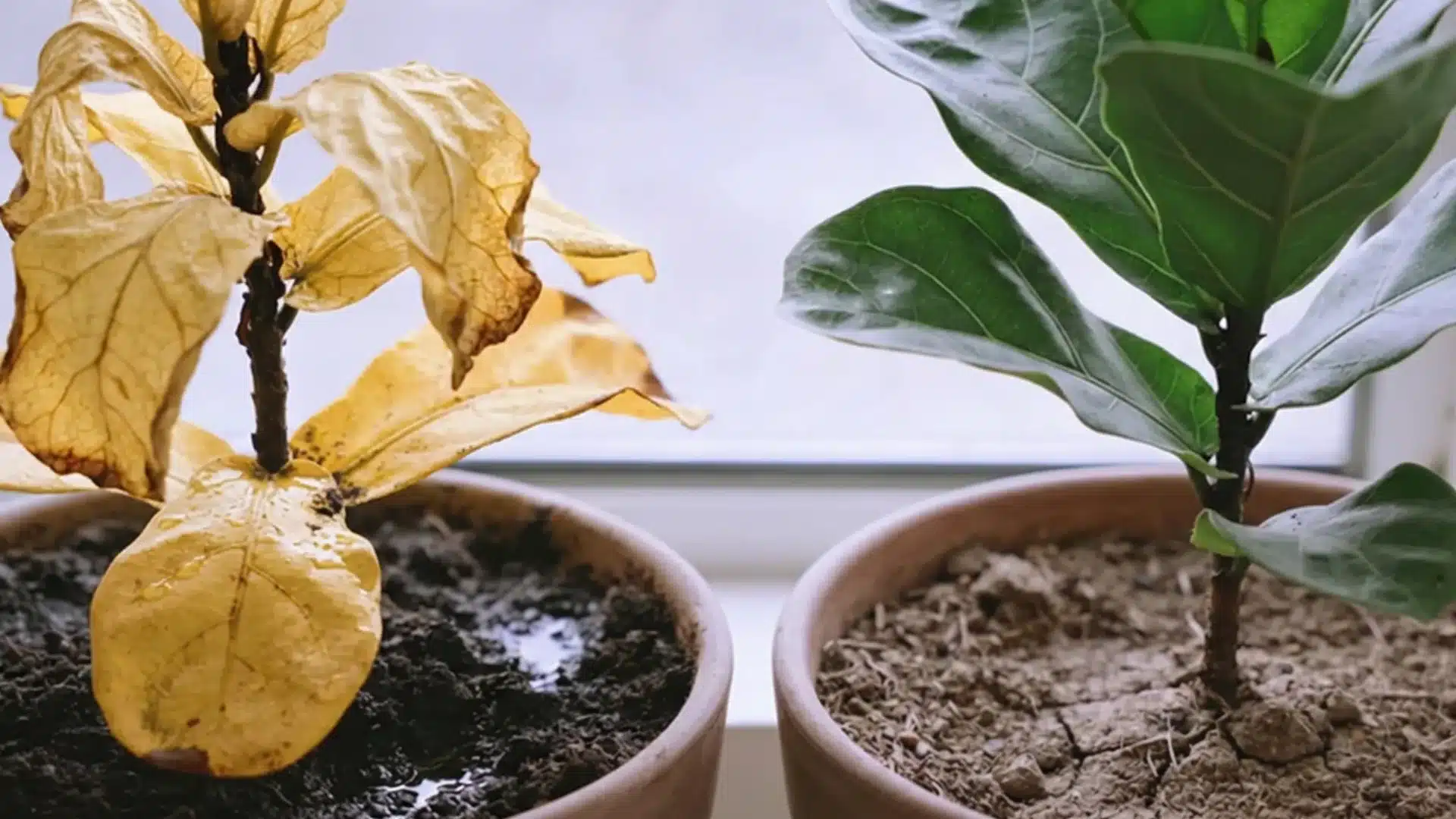 two potted fiddle leaf figs, one with yellow lower leaves in wet soil and one with green leaves in dry soil