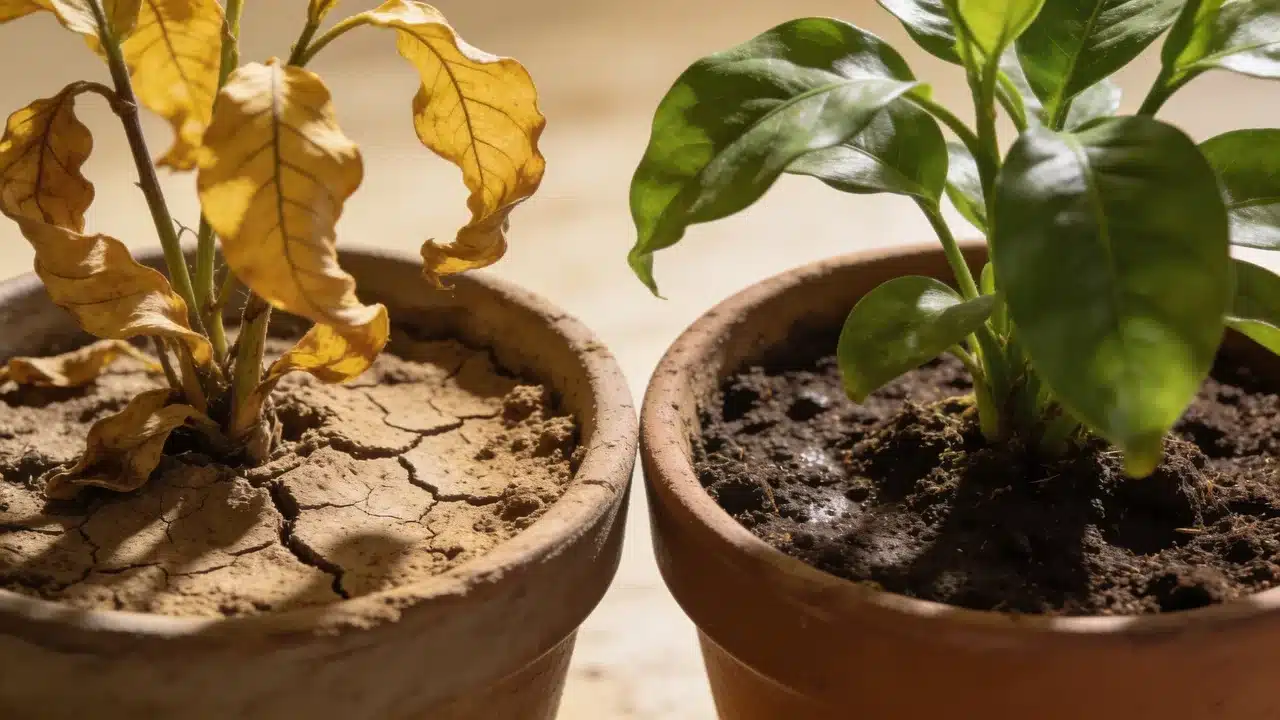 two potted plants, one with dry yellow leaves in cracked soil and one with green leaves in moist soil