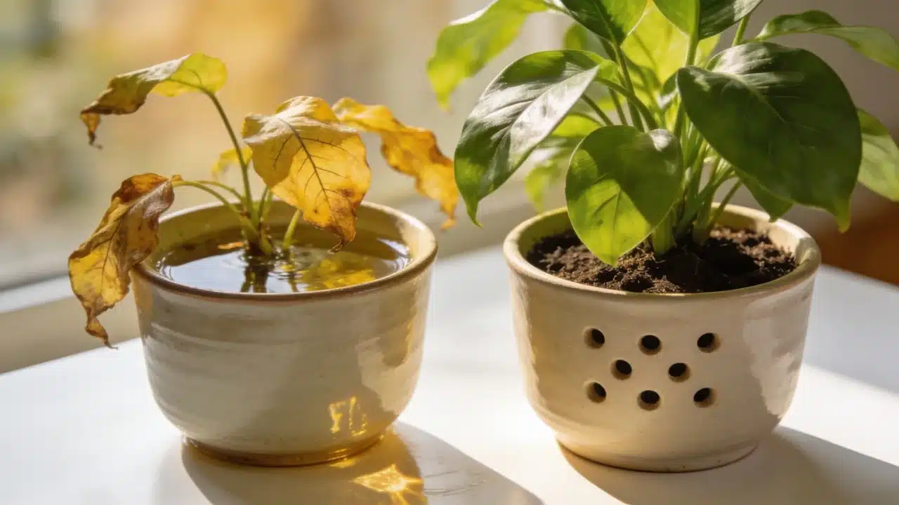 two potted plants, one with yellow leaves sitting in water and one healthy plant in a drainage pot