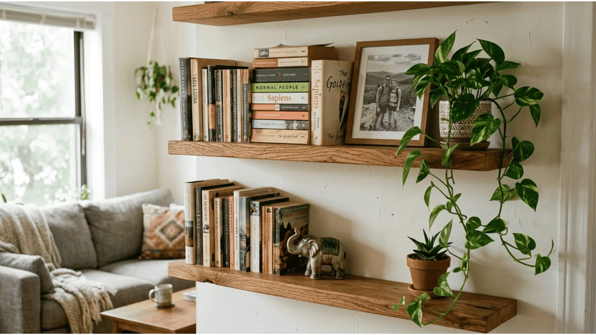 two rustic wooden floating shelves decorated with personally meaningful objects including read books a travel photo decorative figurines and trailing houseplants