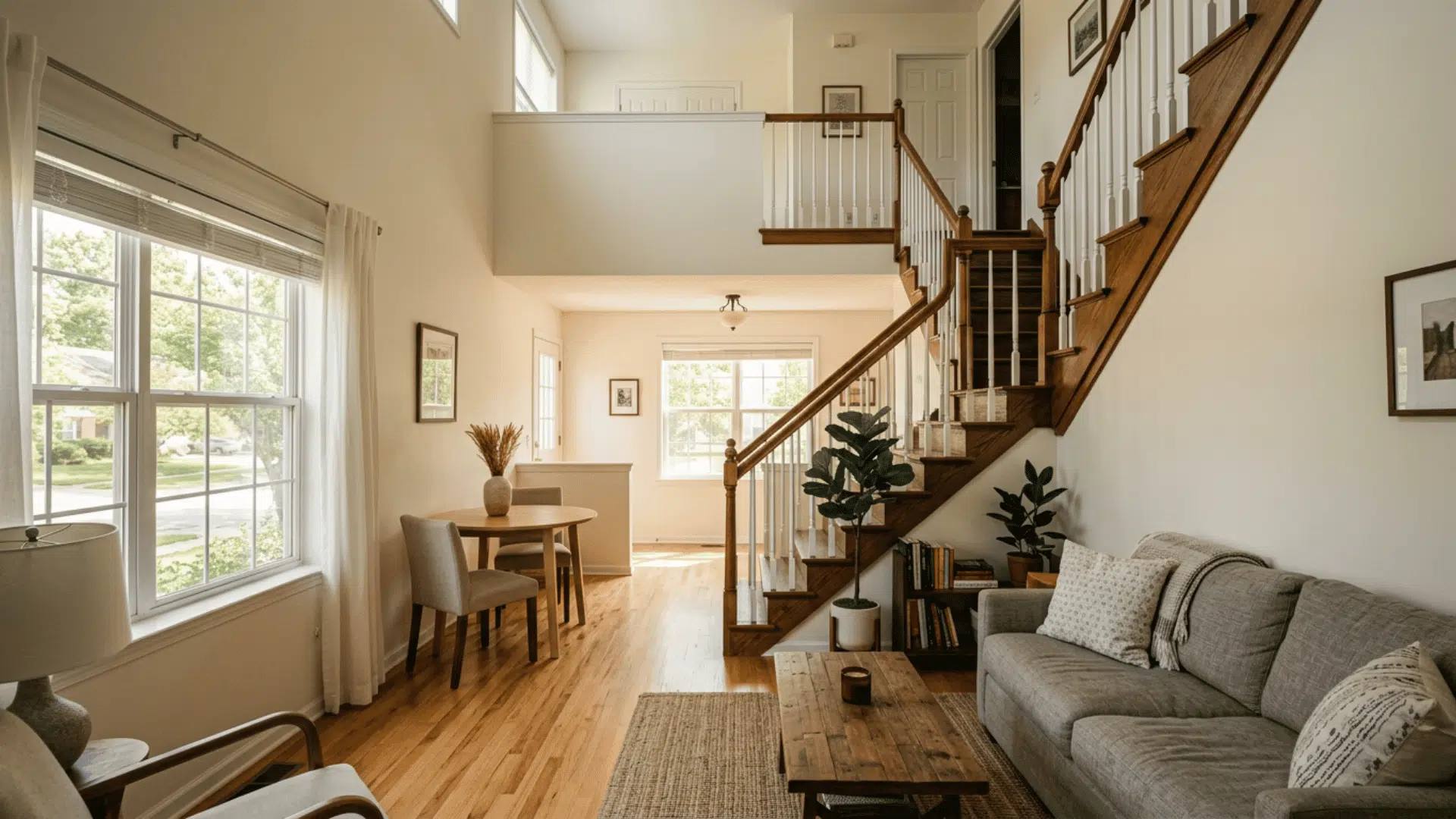 two story living room with staircase gray sofa wood coffee table dining nook and large window with curtains