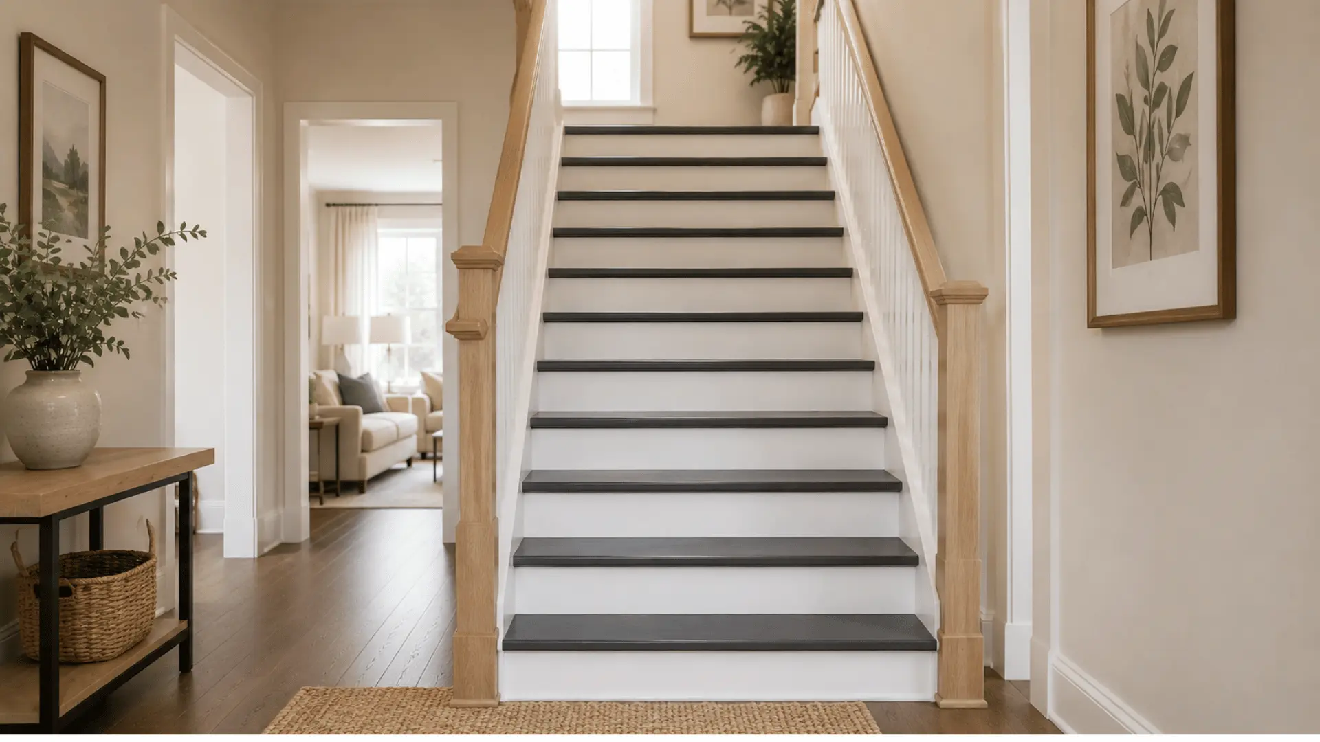 two tone painted stairs with charcoal treads and white risers in a calm family hallway