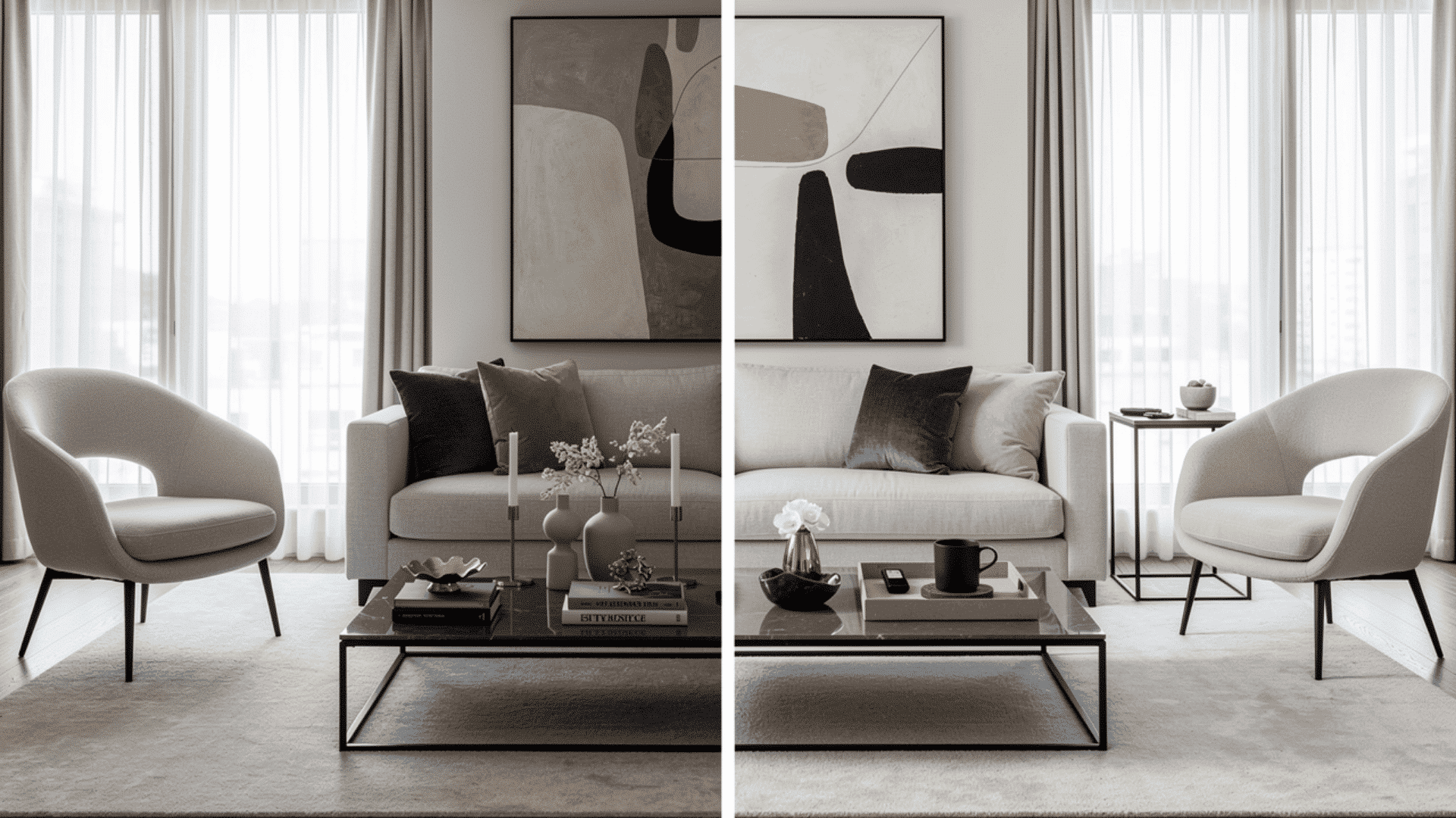 two views of the same elegant neutral living room with a cream sofa two curved accent chairs and a marble coffee table styled with slightly different decorative objects on each side