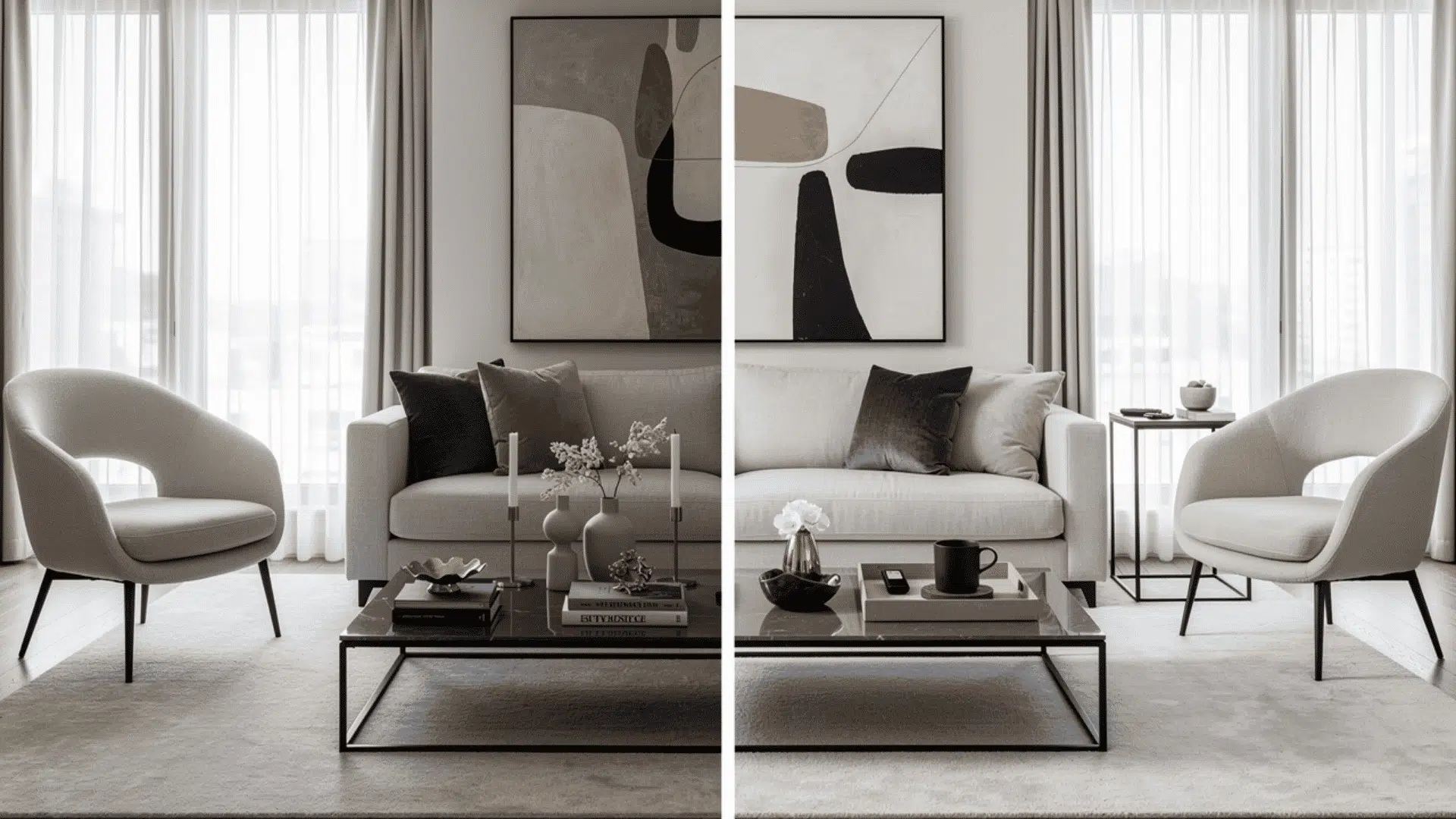 two views of the same elegant neutral living room with a cream sofa two curved accent chairs and a marble coffee table styled with slightly different decorative objects on each side
