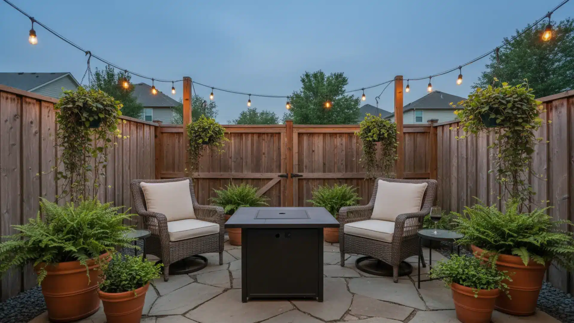 two wicker chairs with cream cushions around a dark gunmetal fire pit table on a small stone patio with terracotta pots ferns string lights and a timber fence at dusk