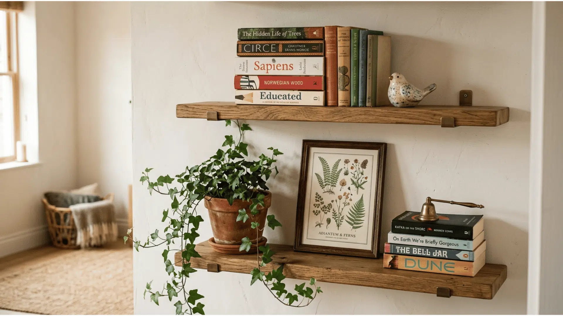 two wooden floating shelves layered with books stacked horizontally and vertically a personal photo frame small decorative objects and a trailing pothos plant