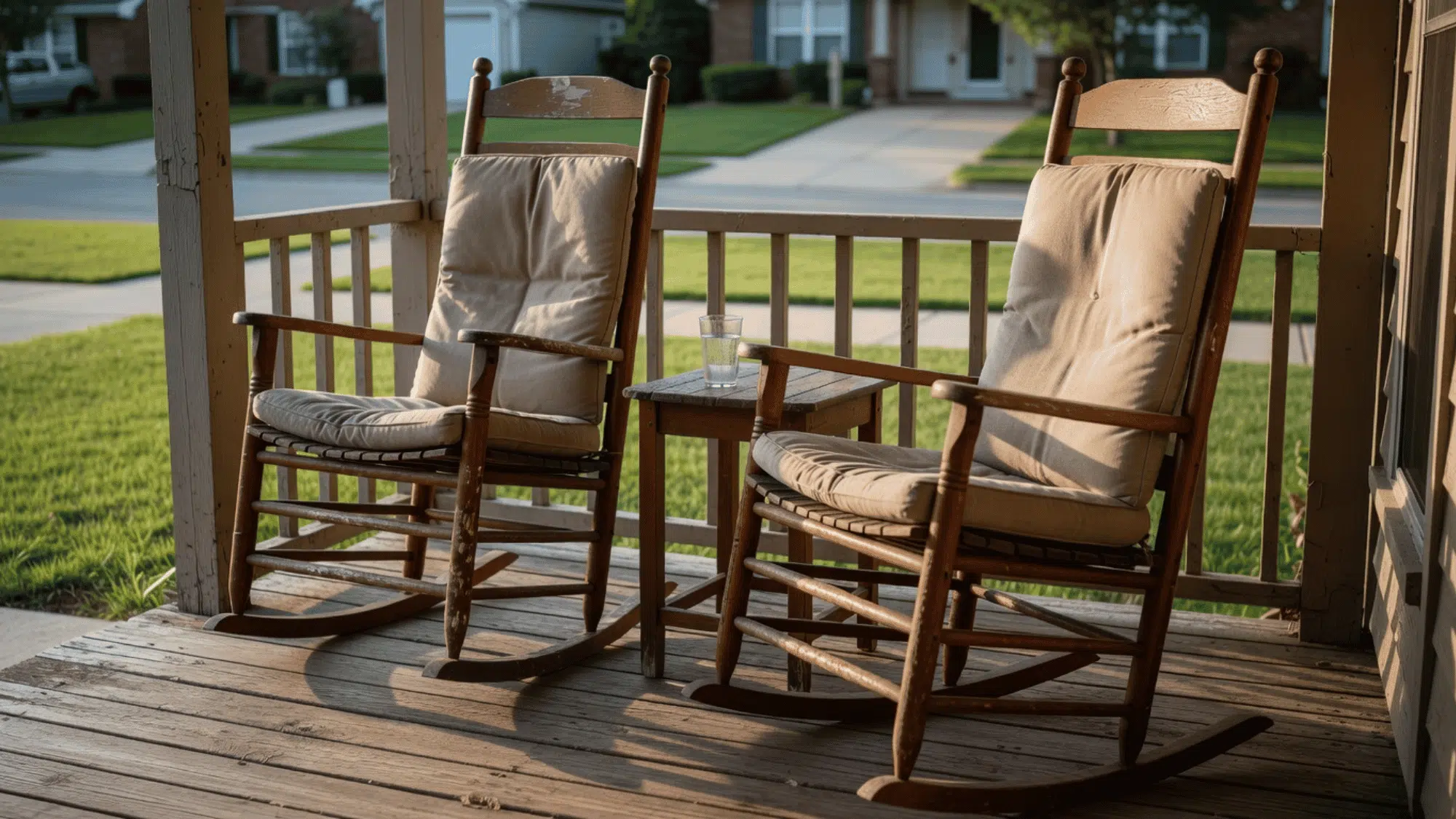two wooden rocking chairs with slightly wrinkled cushions on a typical residential front porch in afternoon sunlight