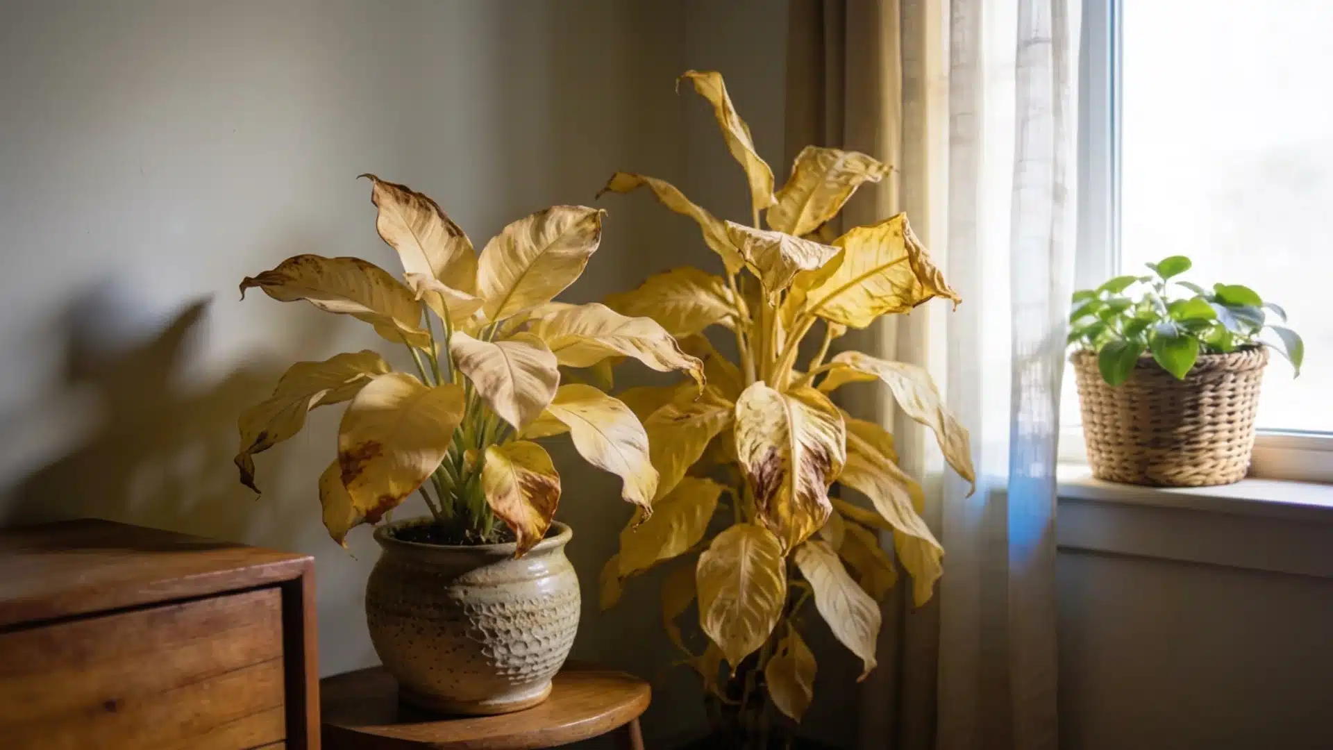 two yellowing houseplants near a window with a small green plant in a woven basket