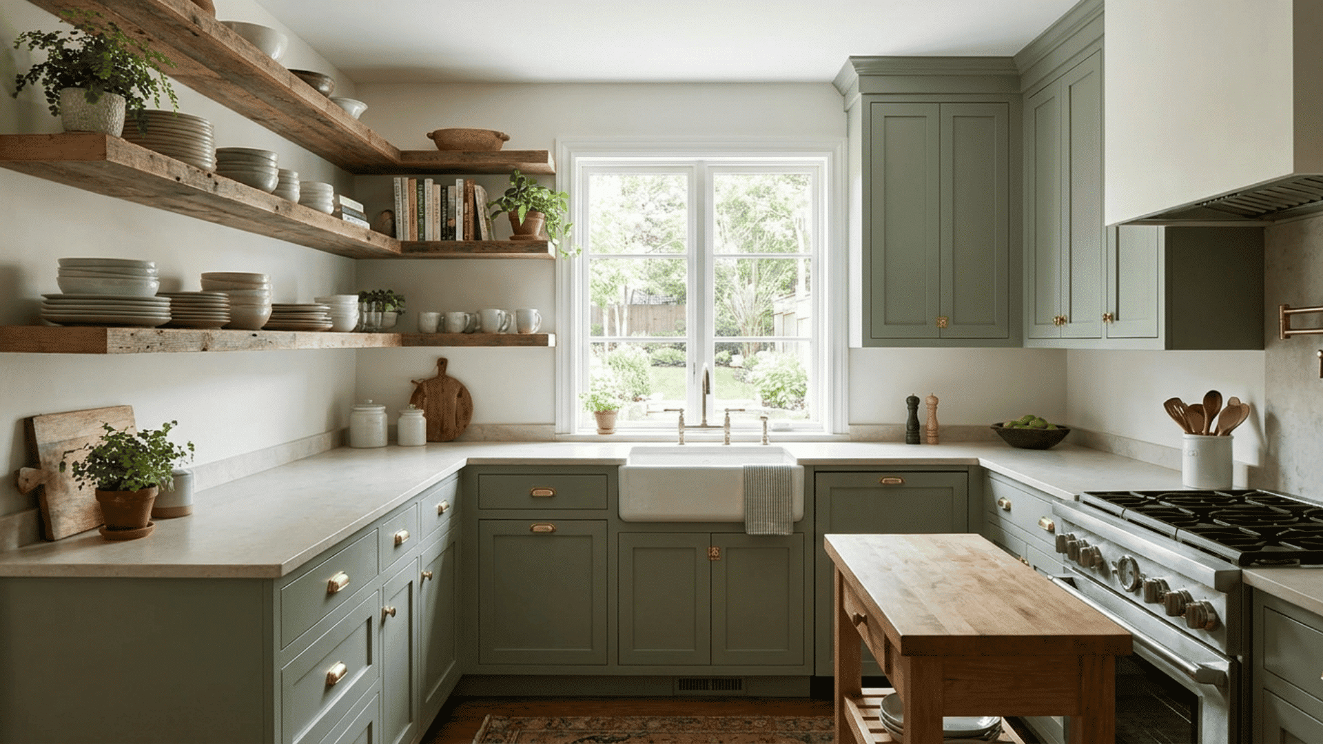 U-shaped kitchen combining open shelves and closed cabinets for balance.