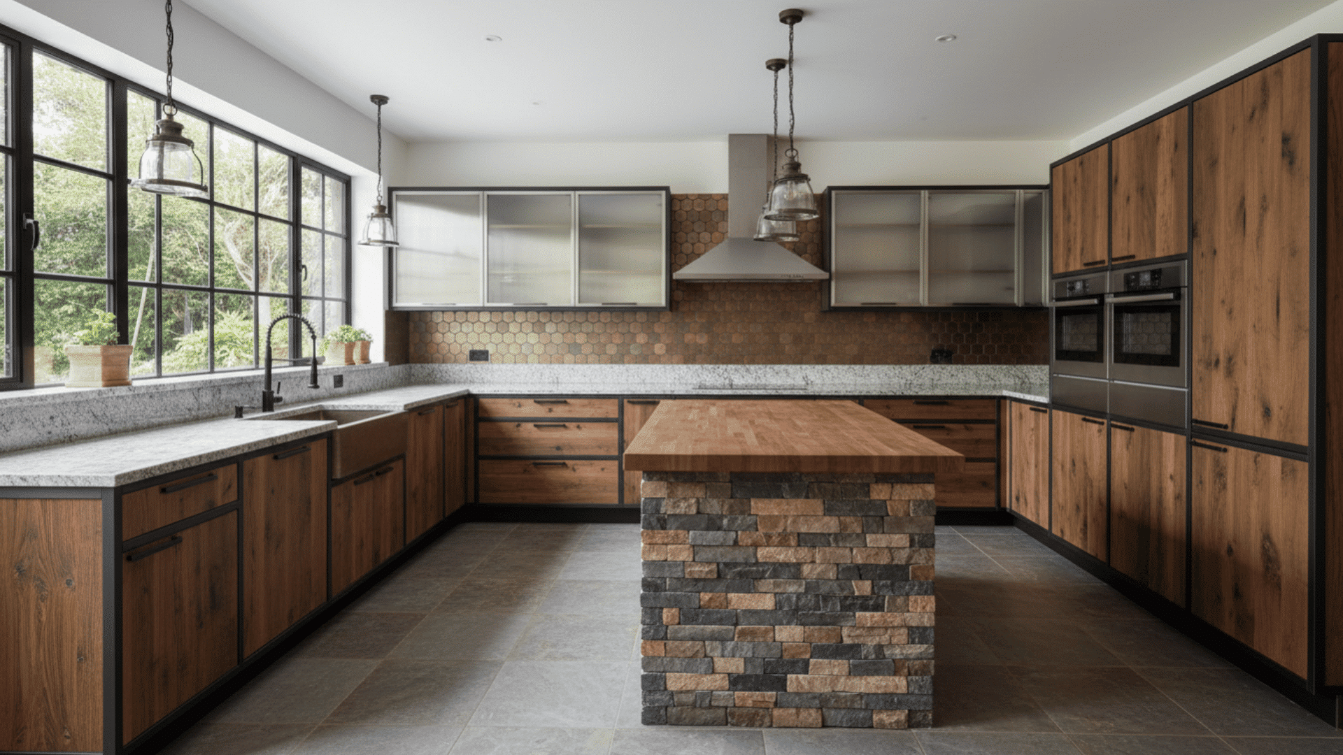 U-shaped kitchen combining wood, metal, and stone materials for layered texture.