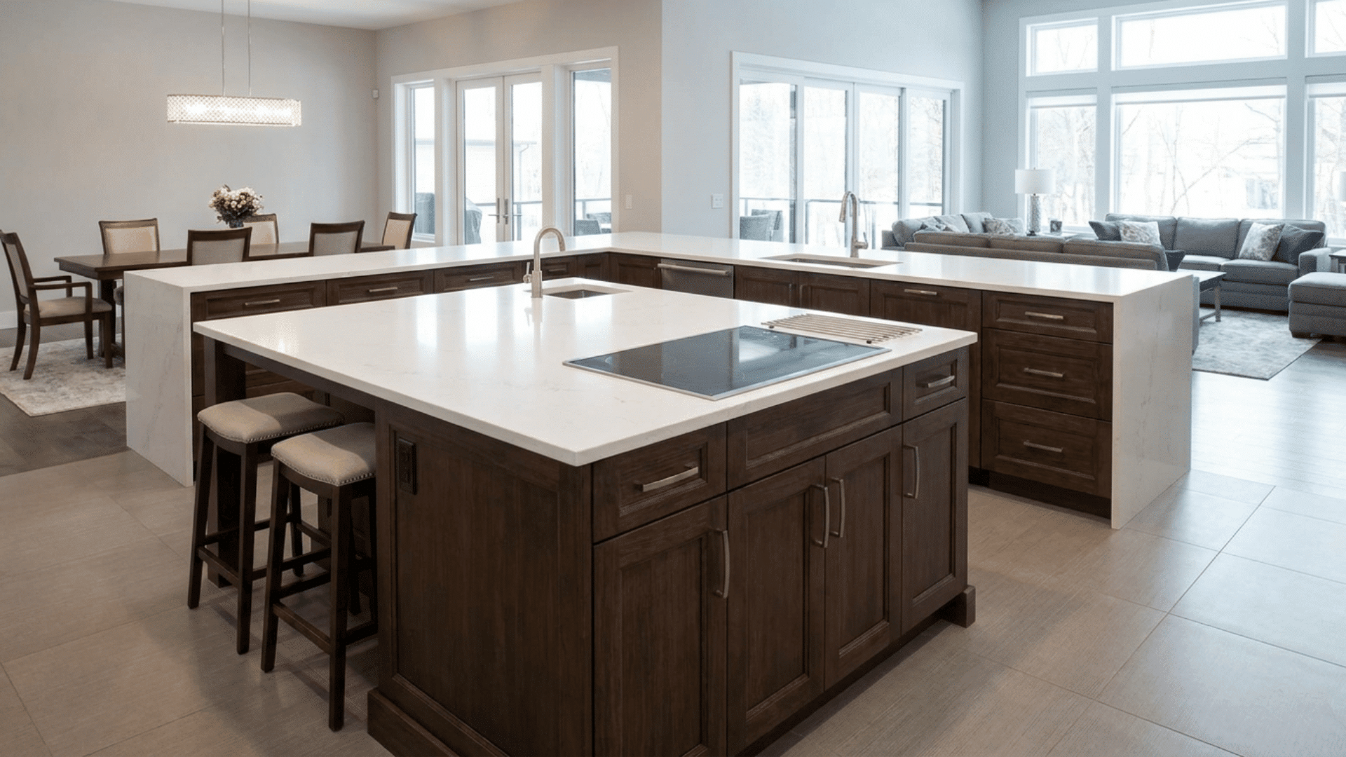 U-shaped kitchen featuring a central island for prep, storage, and dining.
