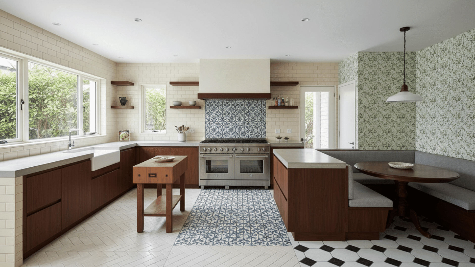 U-shaped kitchen featuring patterned or contrasting tiles to define zones visually.
