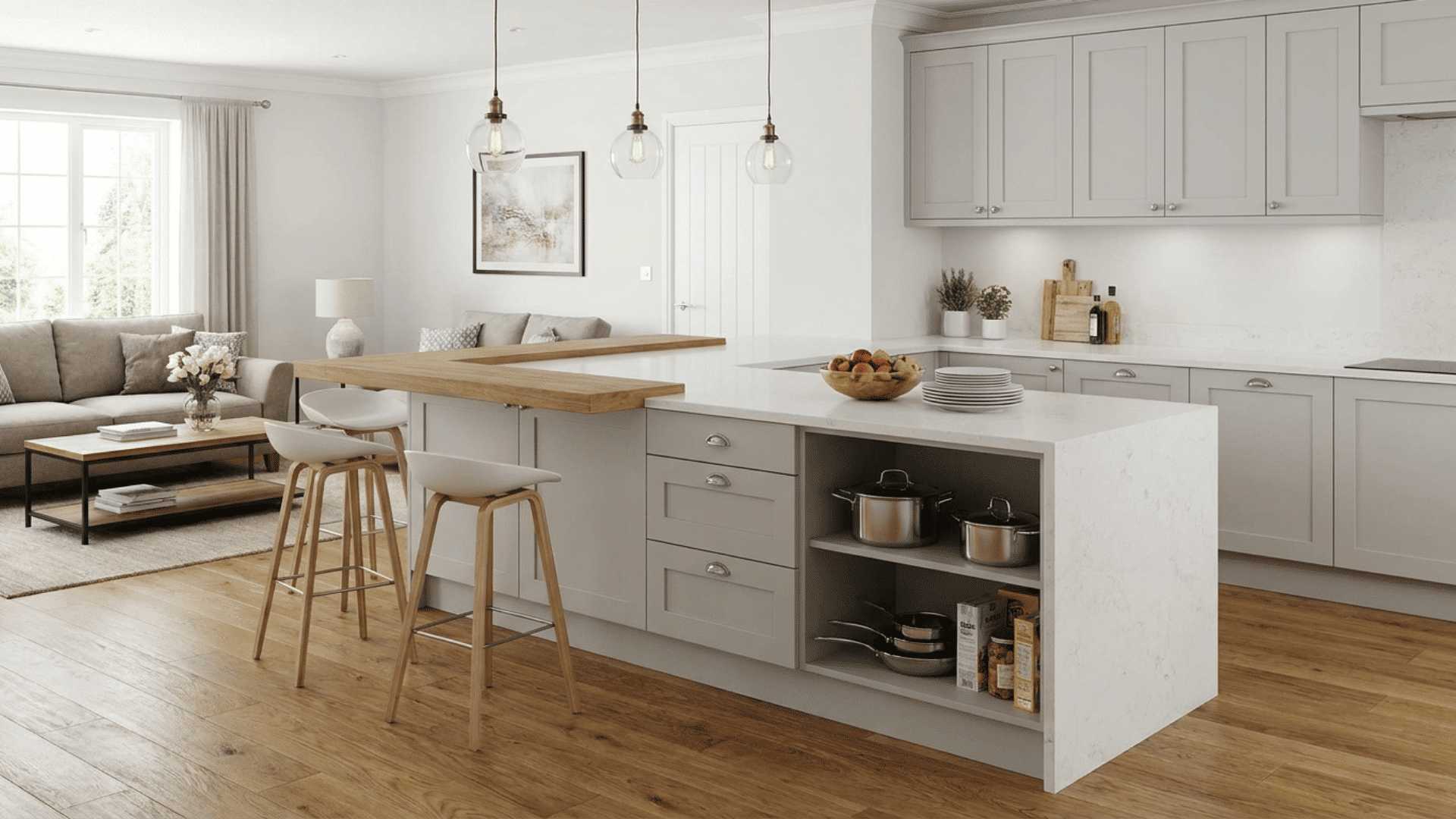 U-shaped kitchen with a peninsula extending counter space and seating area.