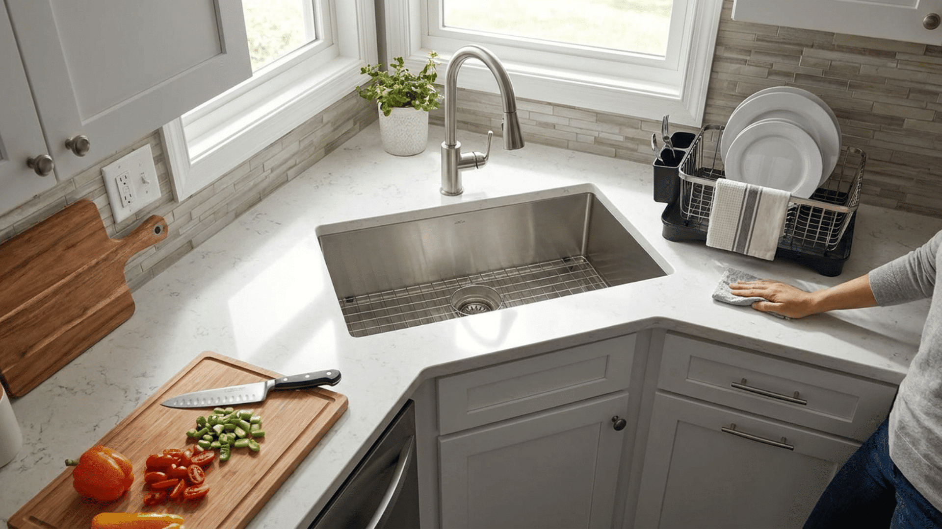 U-shaped kitchen with angled corner sink and counters on both sides.