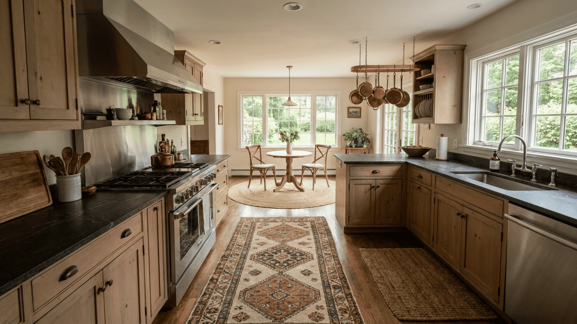 U-shaped kitchen with area rugs defining cooking, prep, and seating zones.