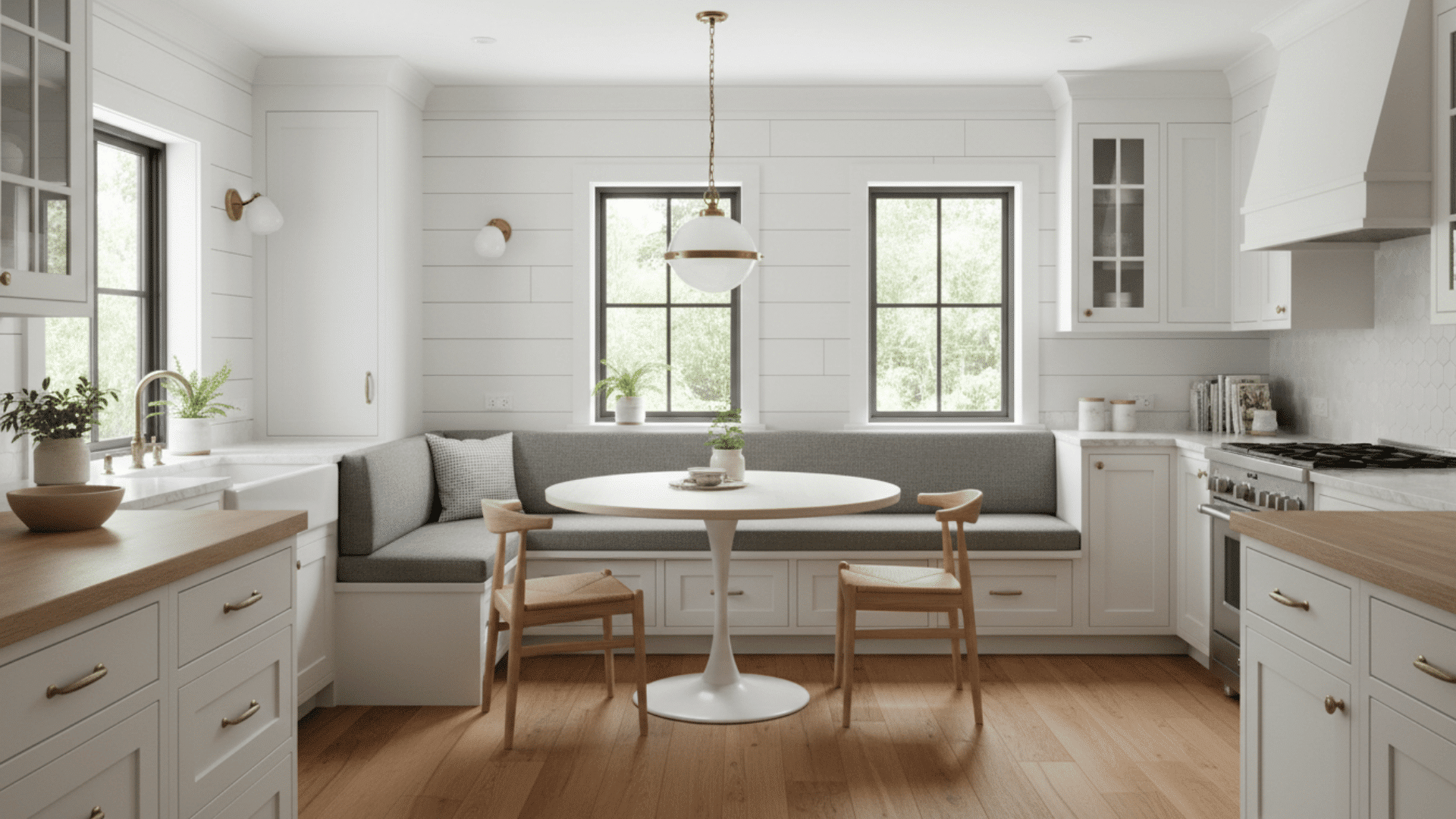 U-shaped kitchen with built-in banquette seating along wall for space saving.