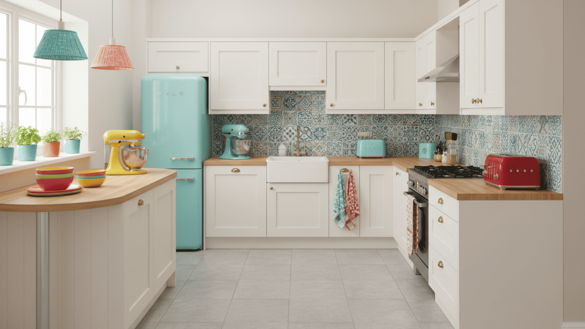 U-shaped kitchen with colorful appliances and decor to add personality and charm.