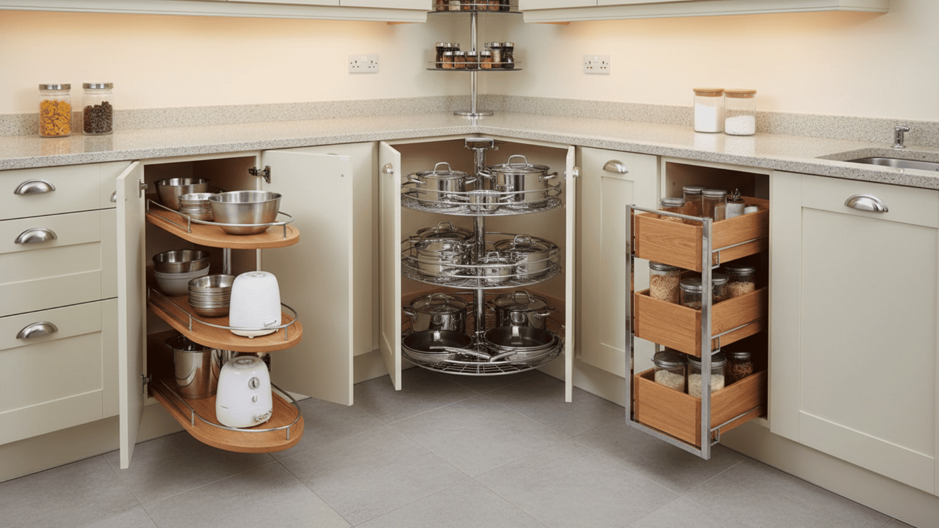 U-shaped kitchen with corner cabinet solutions like pull-outs and lazy Susans.