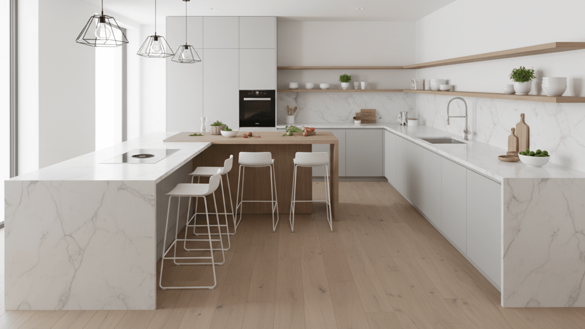 U-shaped kitchen with extended countertops for prep, cooking, and dining areas.