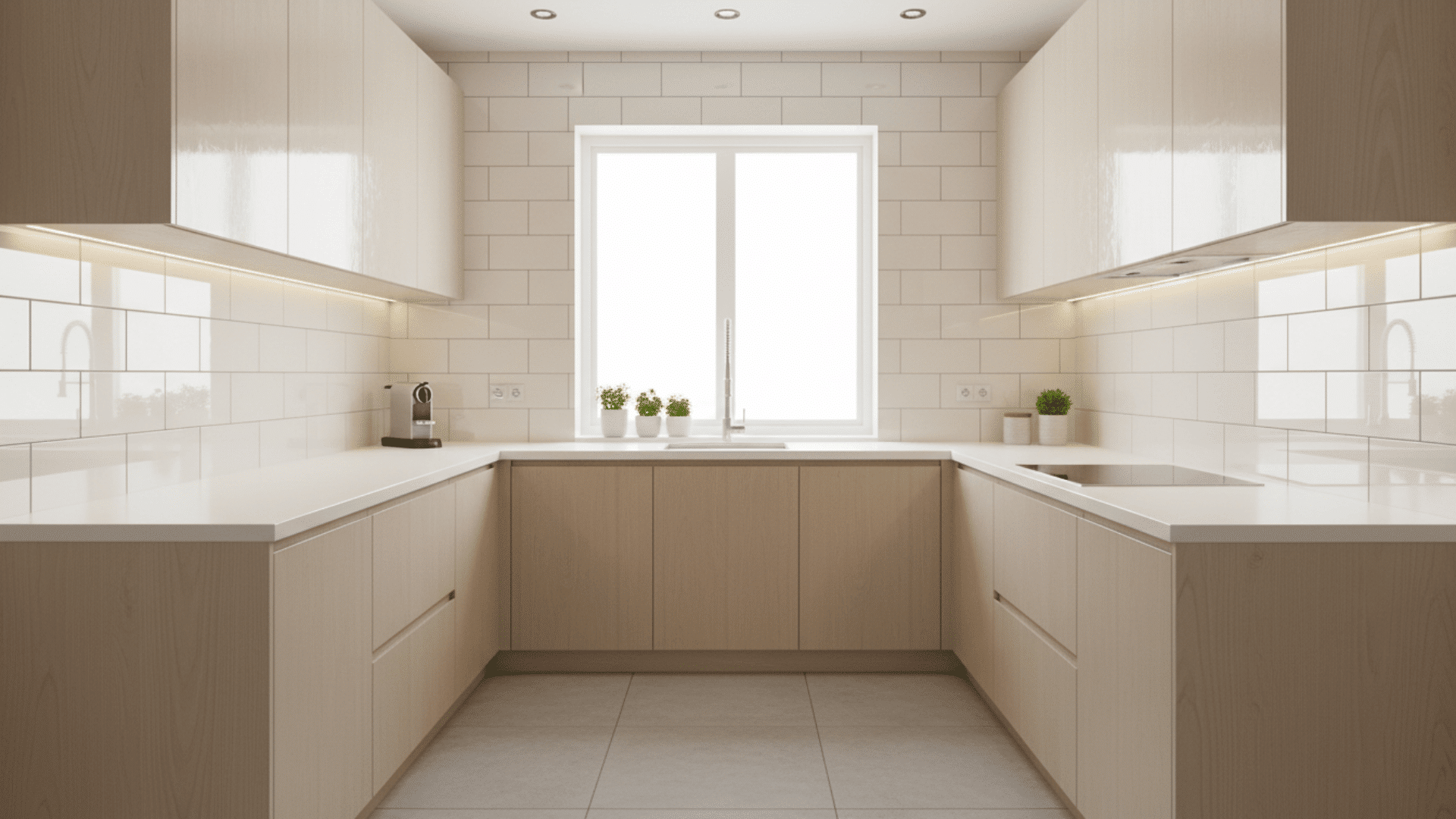 U-shaped kitchen with glossy tiles reflecting light for brightness and style.