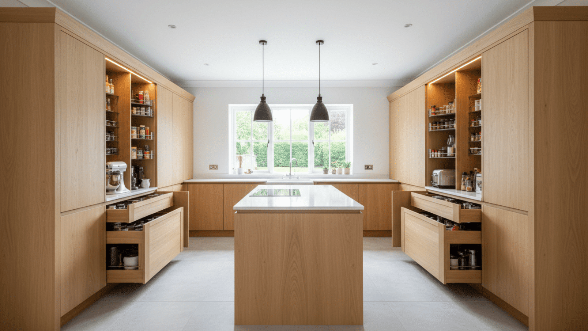 U-shaped kitchen with integrated pantry walls for storing ingredients efficiently.