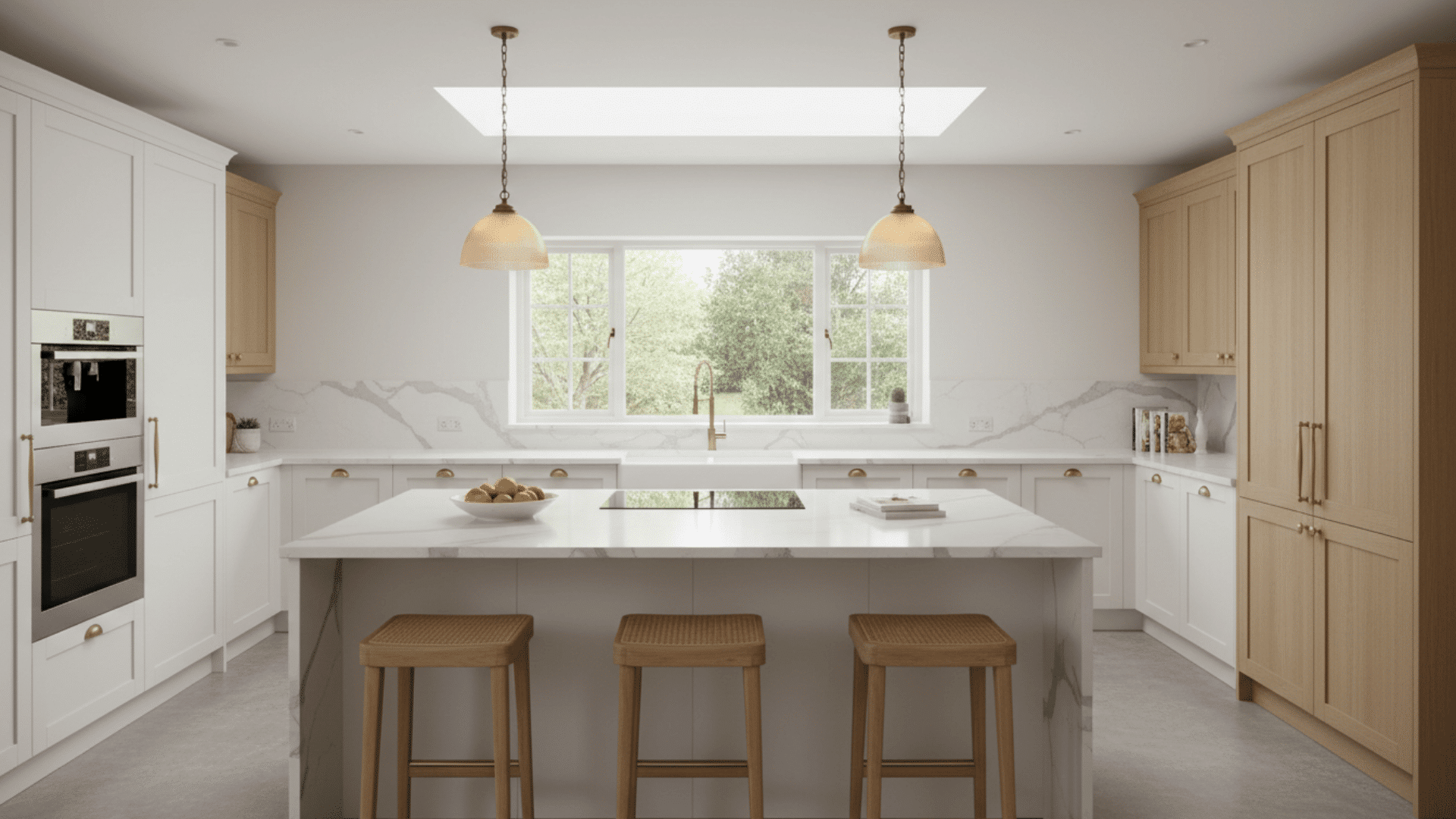 U-shaped kitchen with island seating for casual dining and social gatherings.