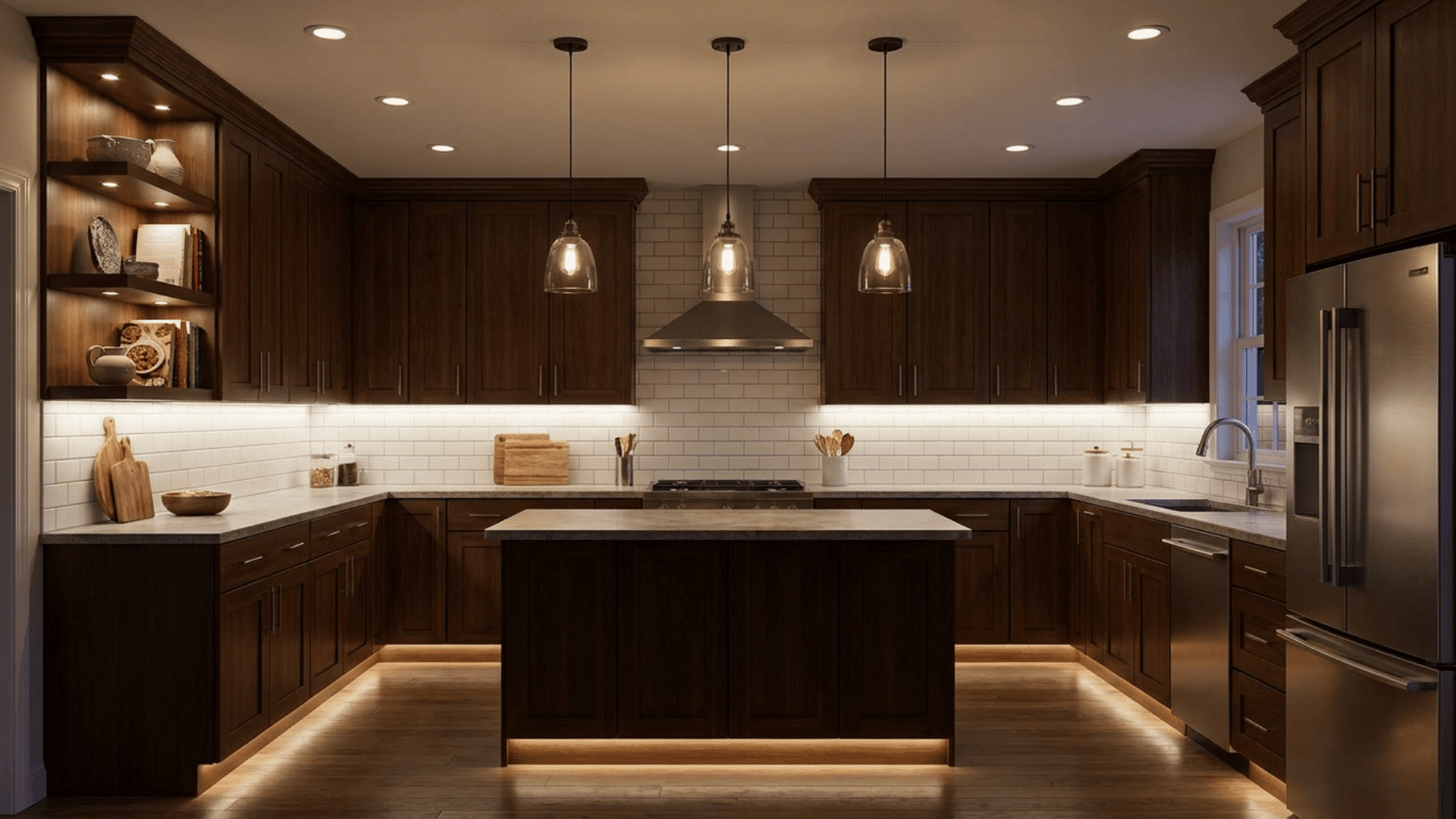 U-shaped kitchen with layered lighting for counters, ambient light, and accents.