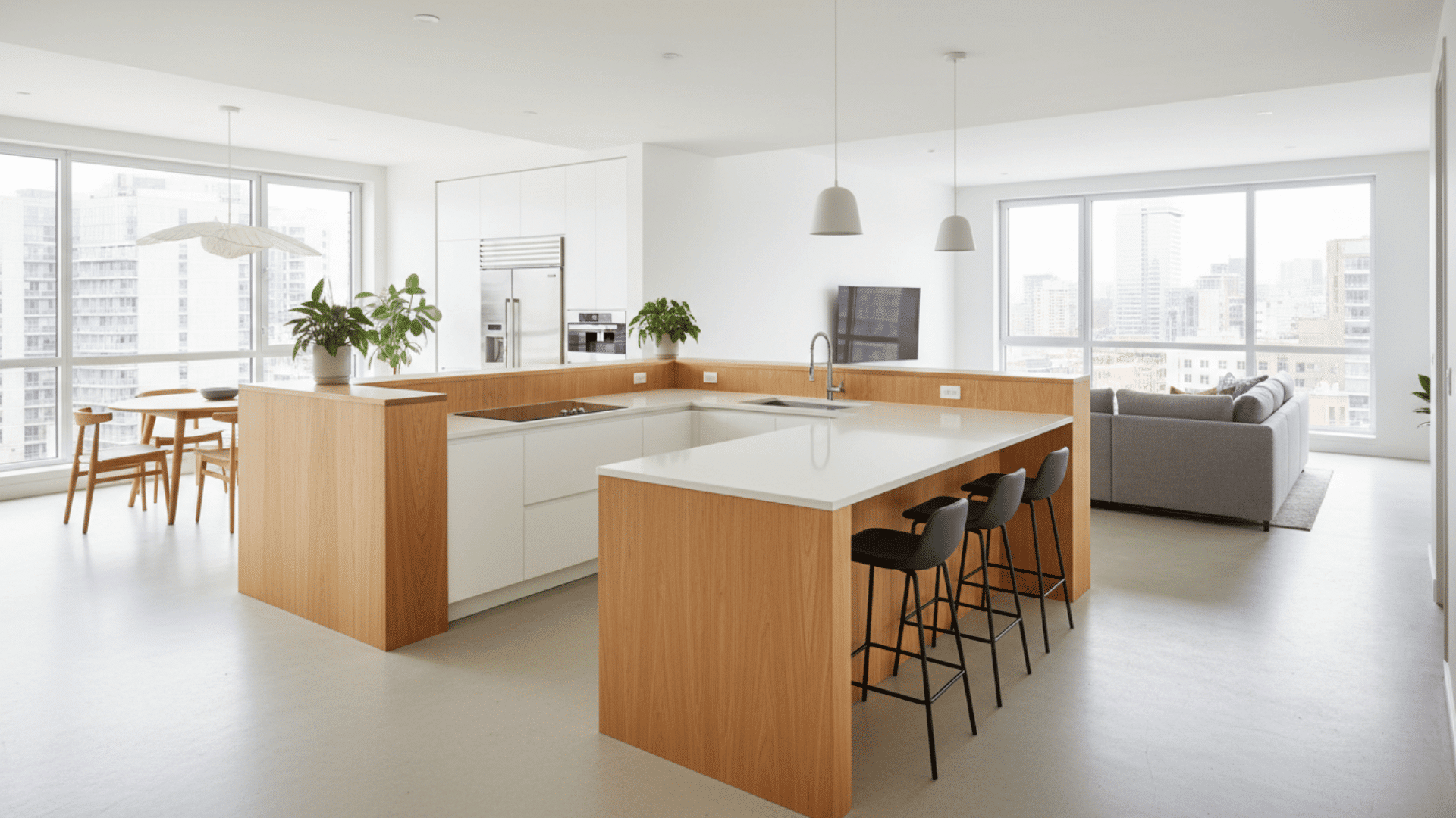 U-shaped kitchen with low dividers defining zones while maintaining open plan.