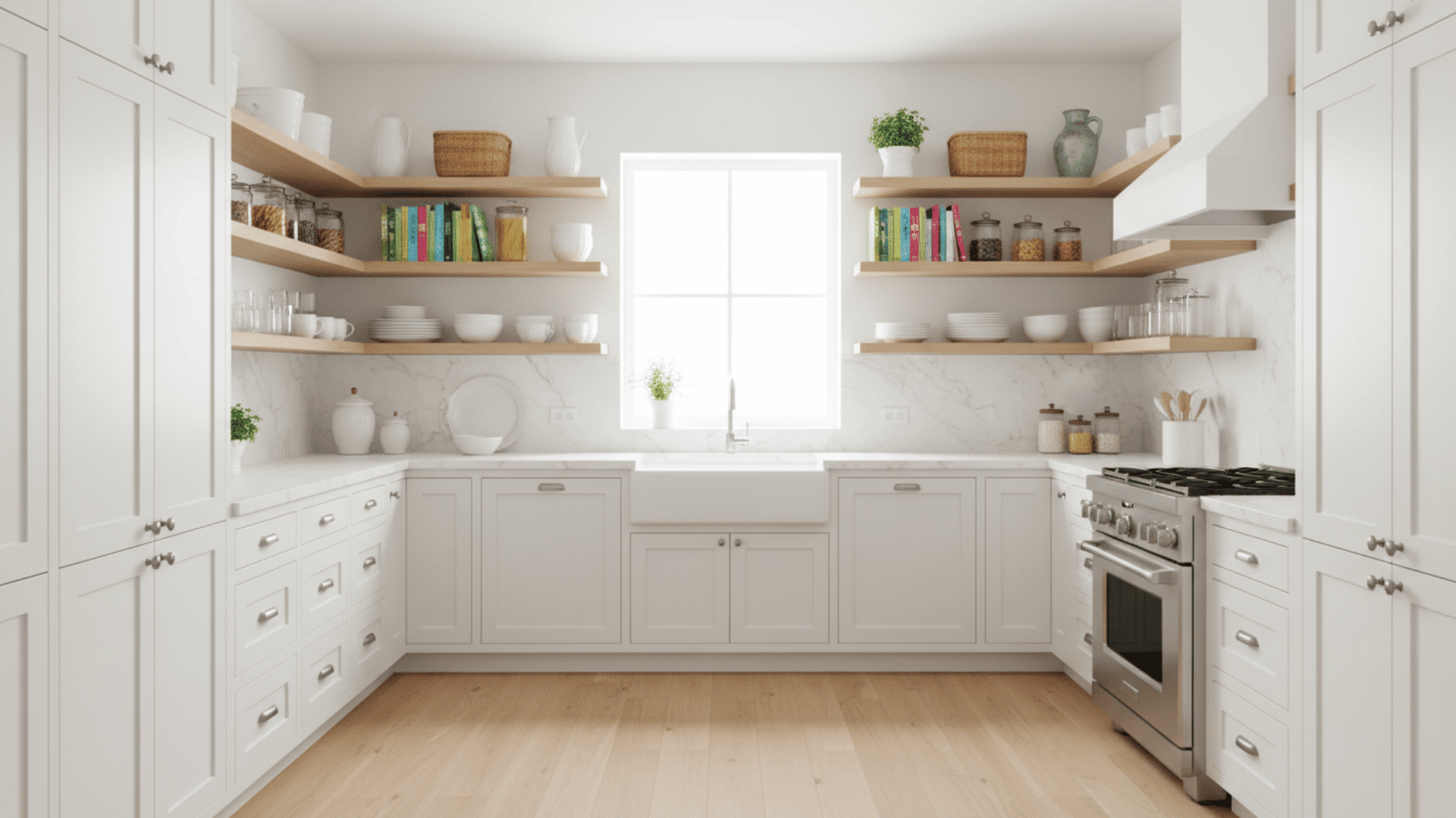 U-shaped kitchen with open shelving displaying dishes, cookbooks, and decor items.