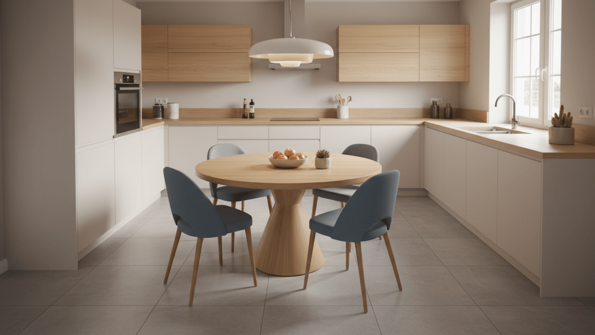 U-shaped kitchen with round dining table to improve movement and central space.