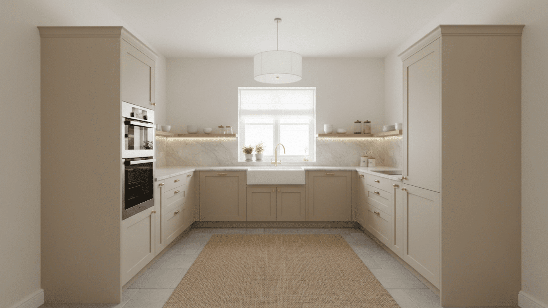 U-shaped kitchen with soft neutral palette making the space feel bright and open.