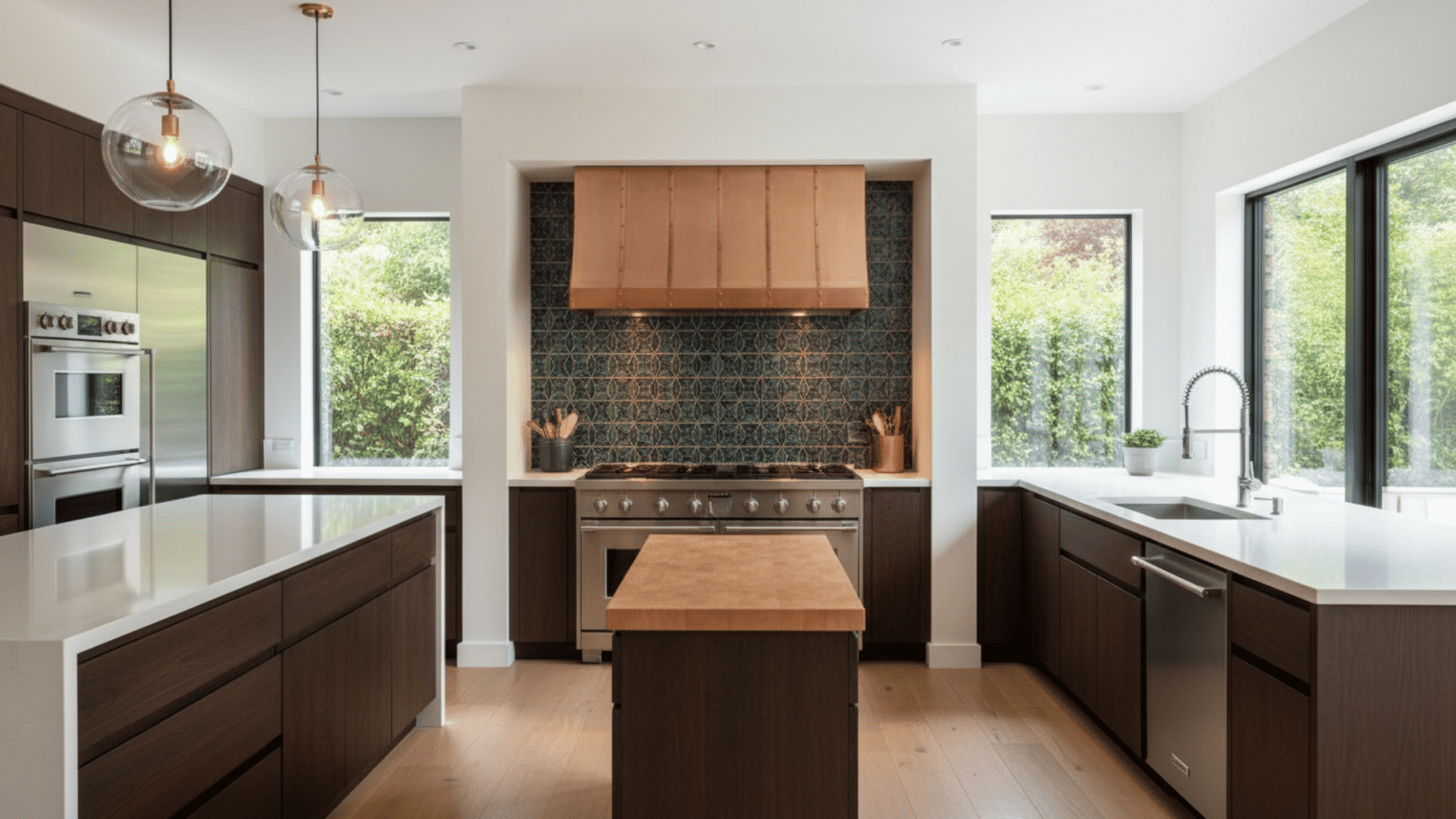 U-shaped kitchen with statement appliances as a focal point in the design.