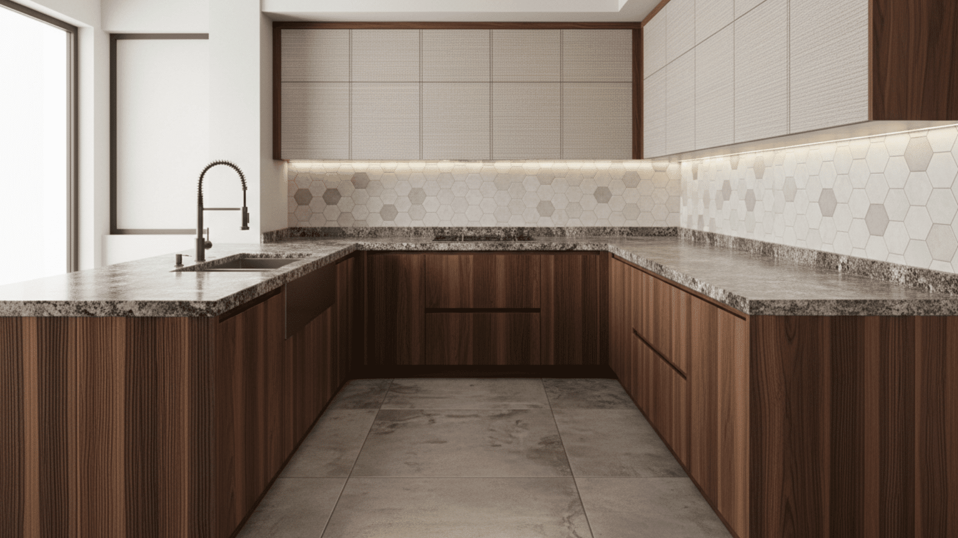 U-shaped kitchen with textured surfaces like wood and stone adding visual depth.