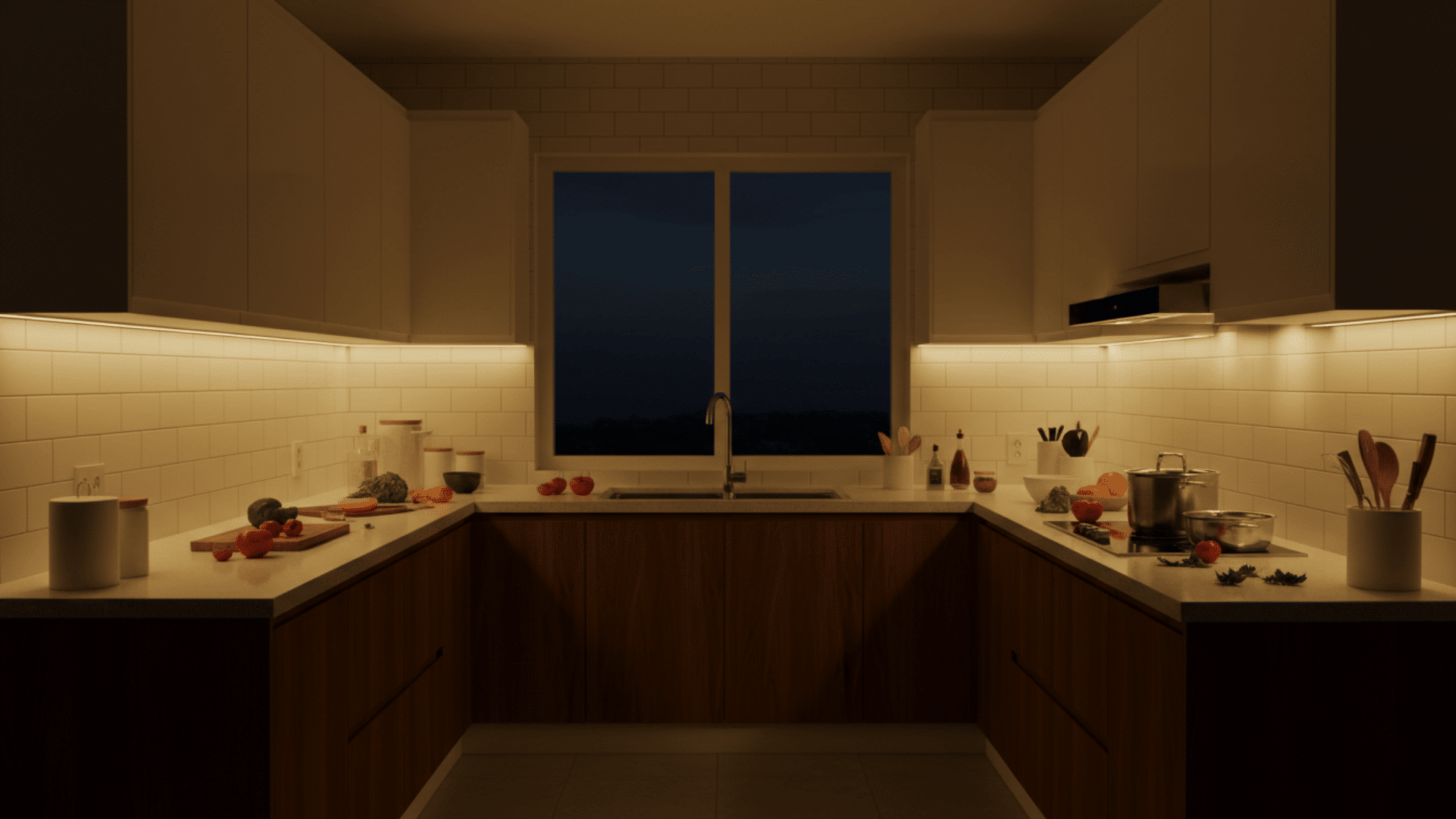 U-shaped kitchen with under-cabinet lighting illuminating counters and work areas.