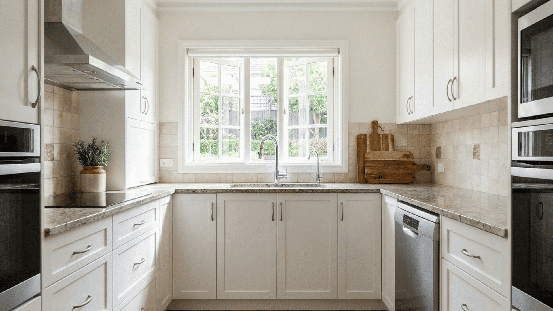 U-shaped kitchen with window-centered sink and natural light above counters.