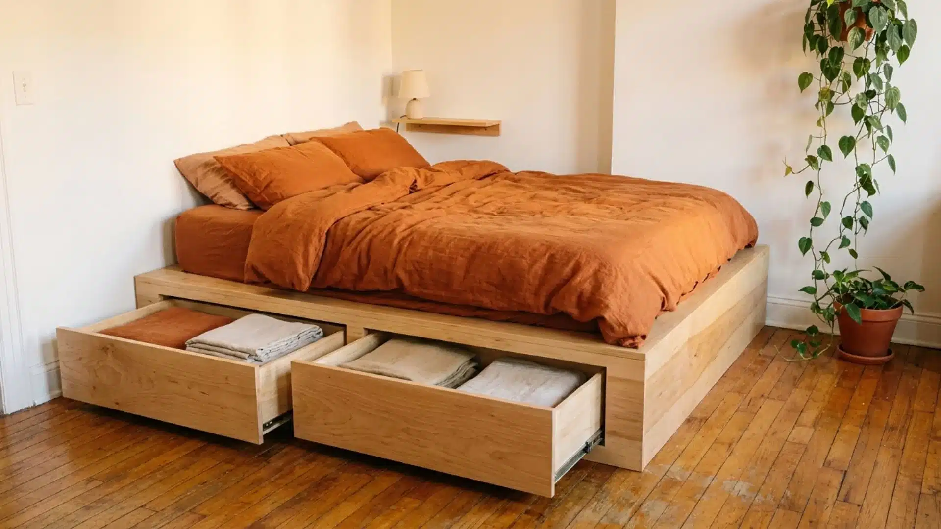 a wooden platform bed with built in storage drawers underneath for organized clothing and linen storage
