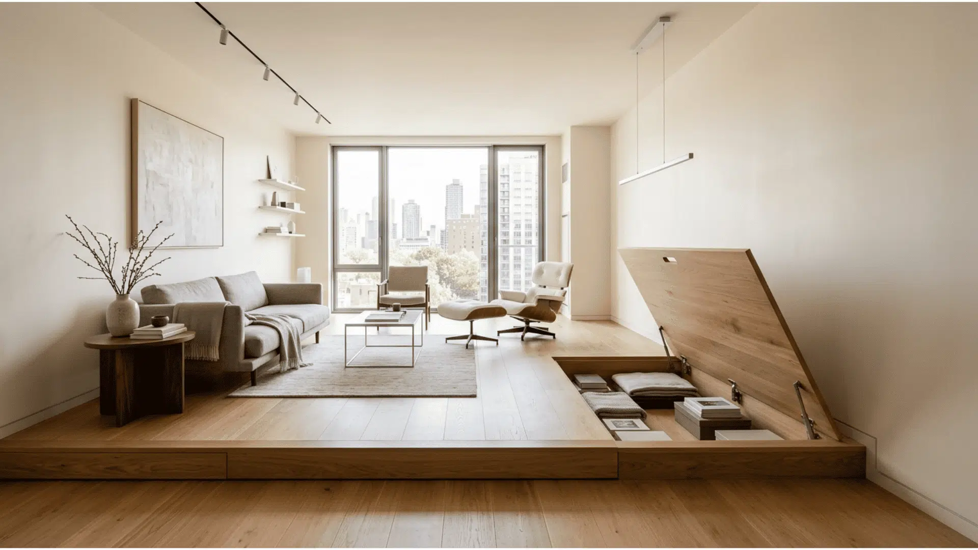under floor storage panel in a living room