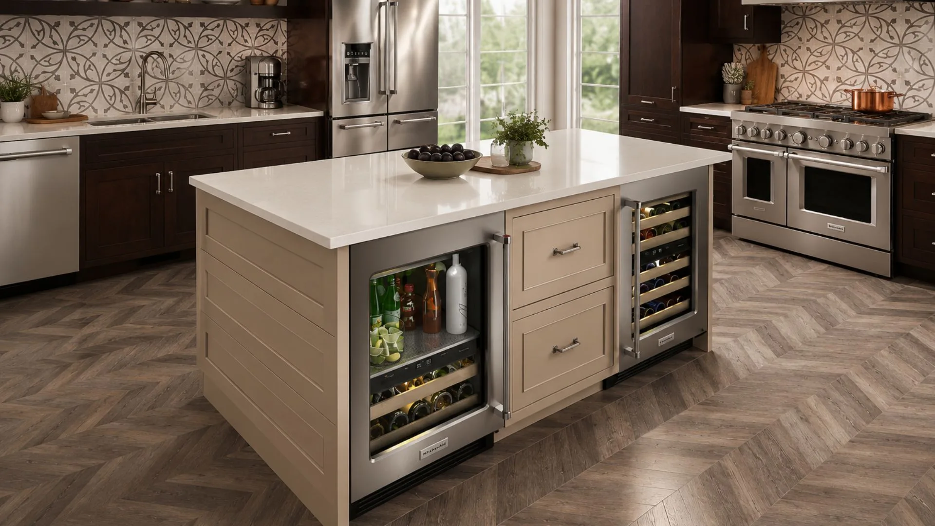 under island refrigerator drawers with dual wine and beverage coolers built into a tan shaker island