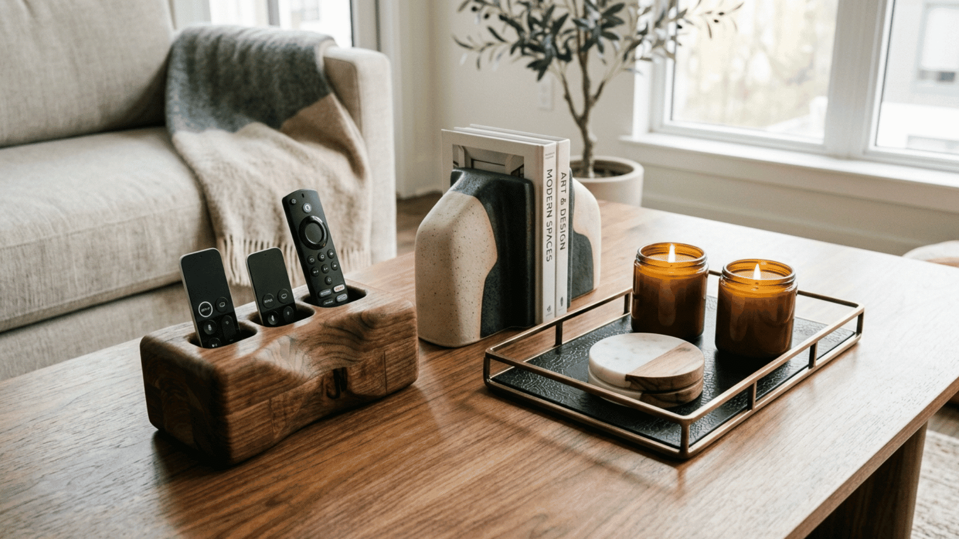 a modern apartment coffee table with a sculptural wooden box holding remotes a decorative tray with candles and coasters and a ceramic bookend