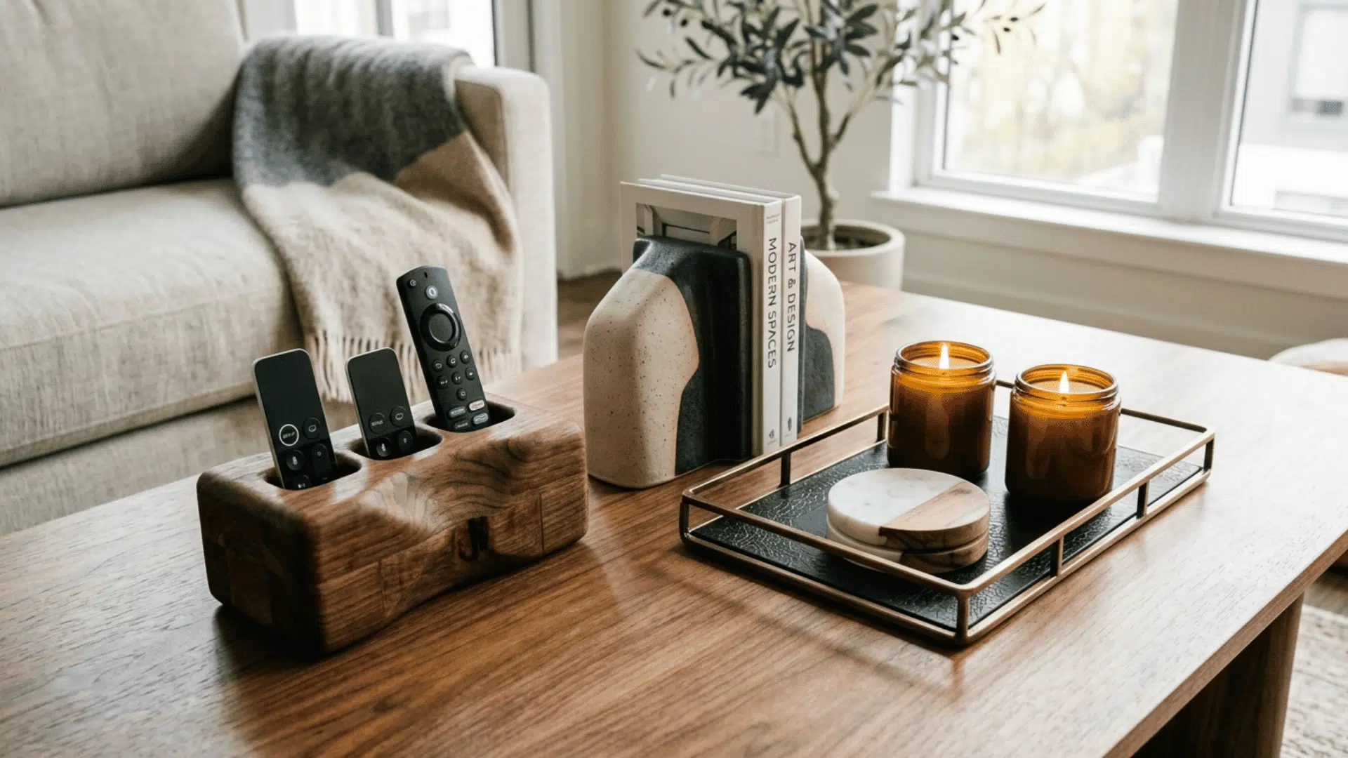 a modern apartment coffee table with a sculptural wooden box holding remotes a decorative tray with candles and coasters and a ceramic bookend