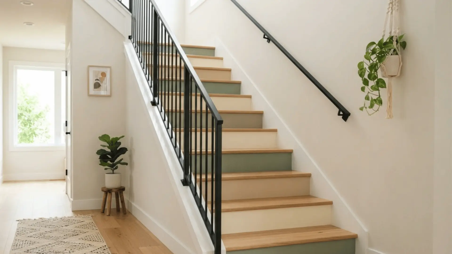 color block painted stairs with muted green cream and beige sections in a modern hallway