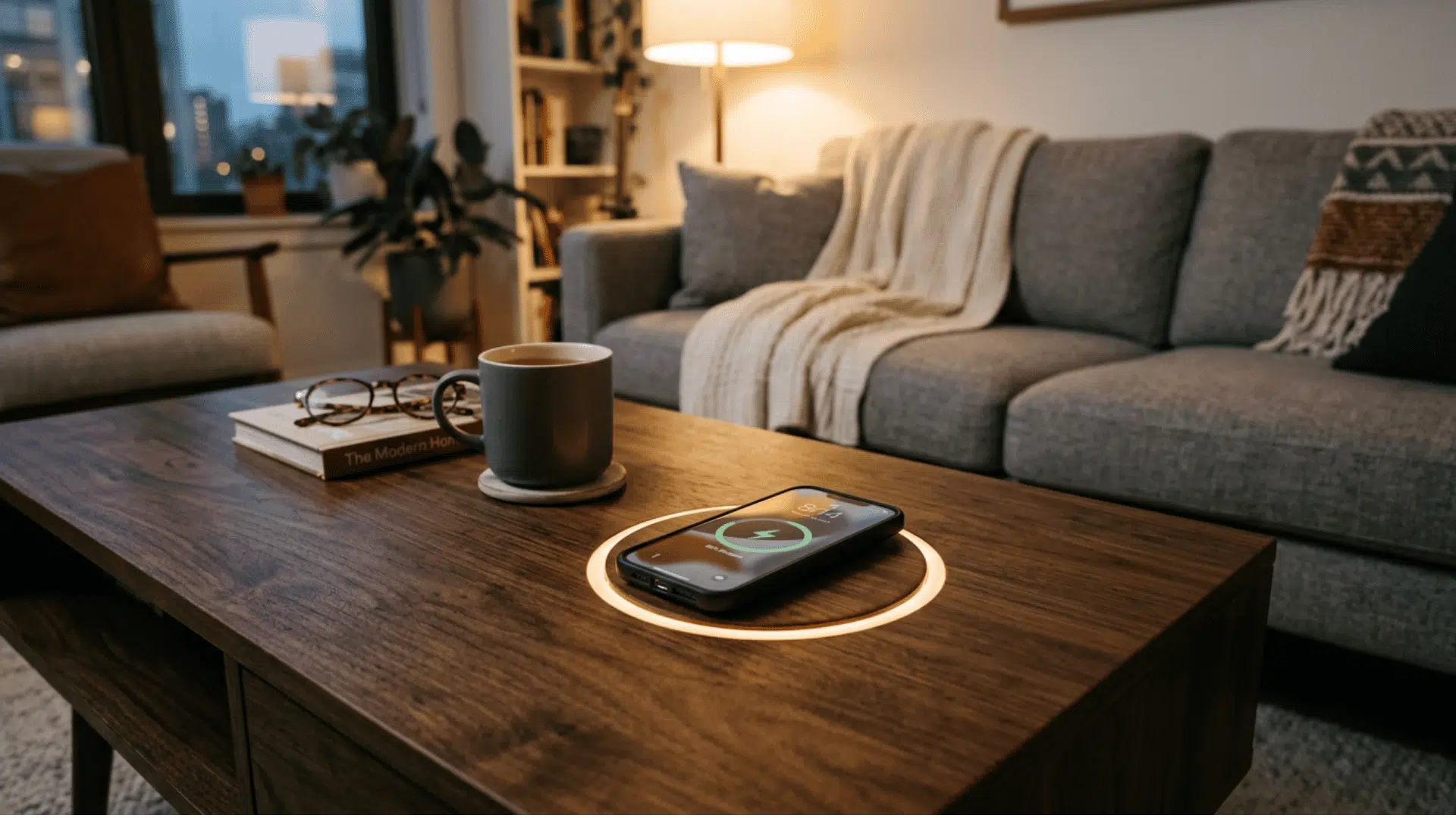 a dark wood coffee table with a built in wireless charging pad glowing softly a phone resting on it in a clean modern apartment living room