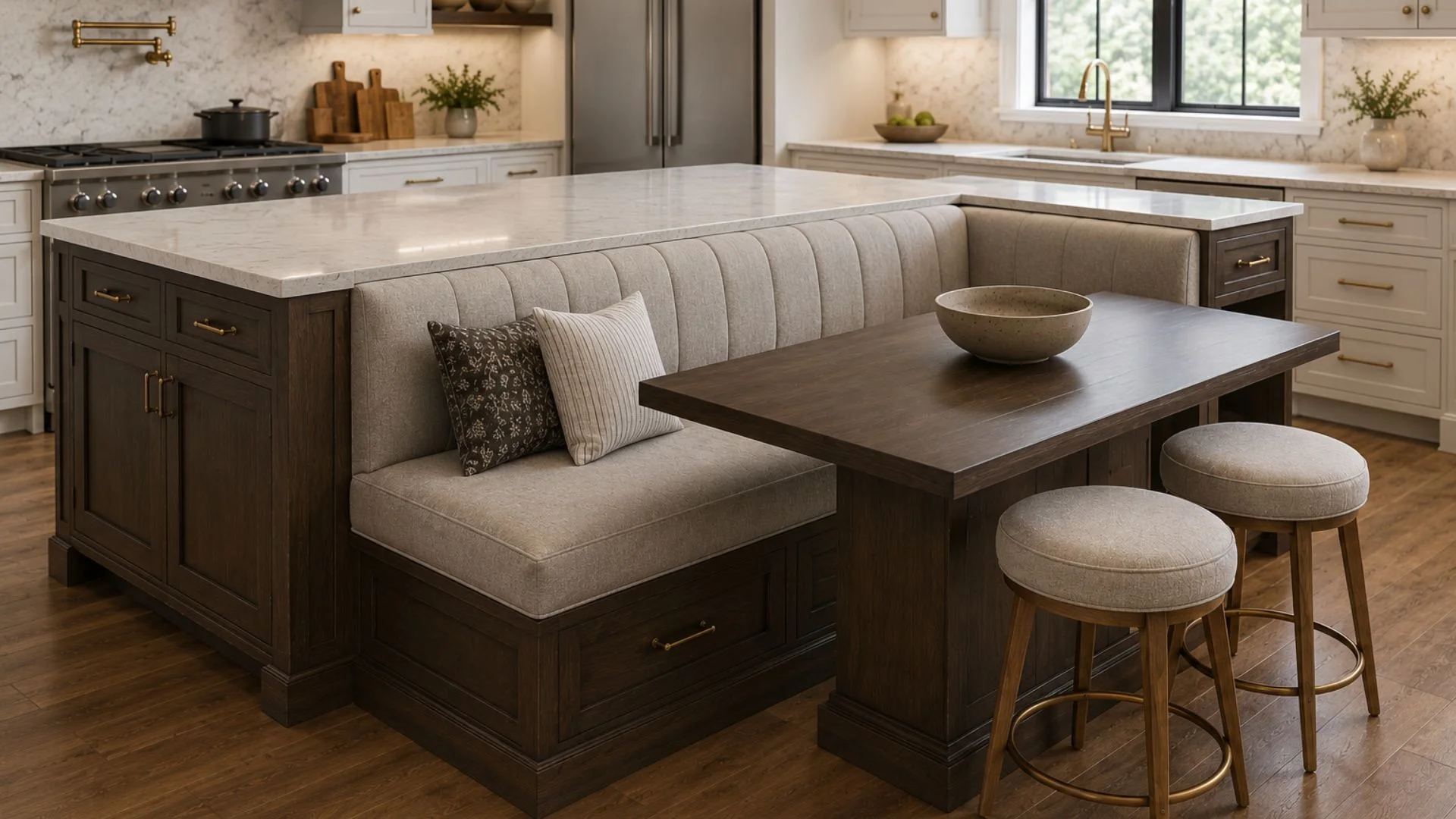 kitchen island with built-in upholstered banquette seating, dark wood dining table, and round stools