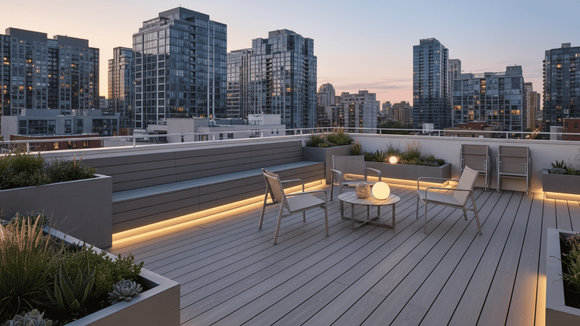 urban rooftop composite deck with foldable seating and layered evening lighting